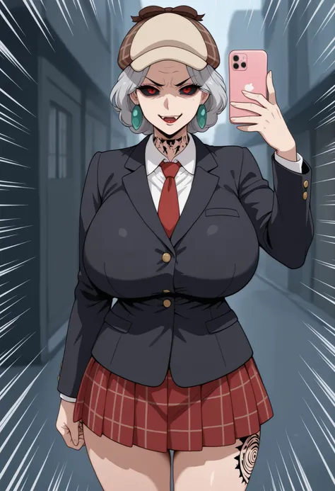 Grandma. gray hair, black eyes, short hair, dark red lips, wrinkles, earrings, makeup, huge saggy breasts, cowboy shot, frown ,looking at viewer, masterpiece, best quality, amazing quality, old woman and young guy.| masterpiece, best quality, highres, 1gir...