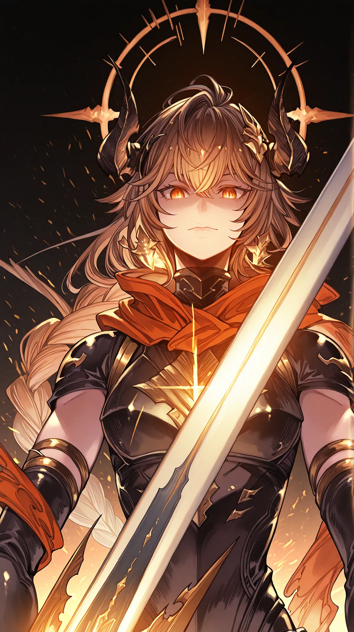 Alone, a man, facing the viewer, brown hair, hairstyle like Reed The Flame Shadow from arknights but with a long braid in his hair, face like sandalphon from Granblue Fantasy, eyes in the tone of red wine, long bangs, perfect anatomy, student, black horns ...