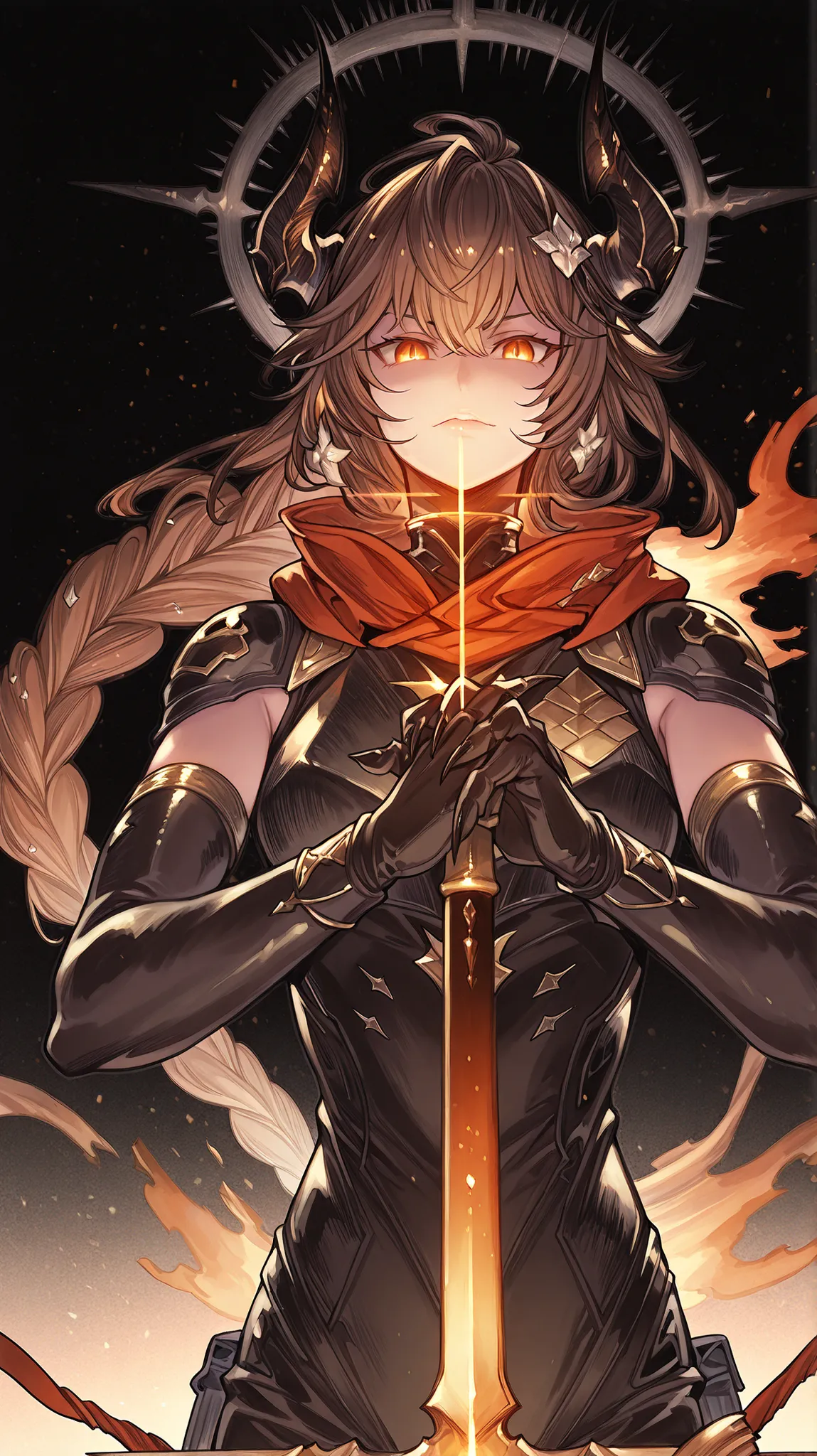 Alone, a man, facing the viewer, brown hair, hairstyle like Reed The Flame Shadow from arknights but with a long braid in his hair, face like sandalphon from Granblue Fantasy, eyes in the tone of red wine, long bangs, perfect anatomy, student, black horns ...