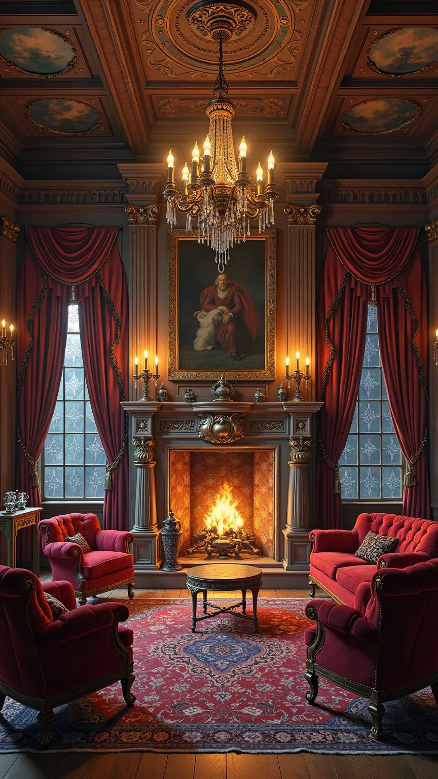 Subject: an opulent Gothic manor drawing room with a grand carved stone fireplace featuring an ornate filigree mantel and brass candelabras, surrounded by tufted crimson velvet armchairs and settees with carved mahogany frames accented by polished brass studs and tasseled fringe, flanked by tall walnut bookshelves filled with leather-bound tomes and antique curios, heavy scarlet damask curtains framing arched leaded-glass windows, decorative plaster corbels and carved oak ceiling beams, richly patterned Persian rugs over polished oak floors, individual velvet button tufts and polished brass studs accent each chair, and the hearthstone bears soot-stained grooves highlighting carved relief patterns; Fine brass-framed oil paintings and medieval tapestries depicting heraldic emblems adorn paneled walls; a wrought-iron chandelier dripping wax candles hangs from a central decorative plaster medallion, its glow reflecting on ornate metal grilles and encapsulating drifting dust motes; side tables of carved oak hold crystal decanters and delicate porcelain cups, and fringed silk cushions rest on wooden bench seats; Medium: ultra-high-resolution digital art; Style: photorealistic cinematic with hyper-detailed wood grain, fabric, stone, and metal textures; Composition: symmetrical frontal panoramic 16:9 view from a slightly low angle emphasizing the depth of seating and height of ceiling leading to the glowing hearth; Lighting: warm flickering candlelight and fireplace glow casting soft dynamic shadows and golden highlights, complemented by cool moonlight filtering through windows creating gentle rim illumination; Color Palette: deep burgundy reds, warm amber golds, rich walnut browns, muted olive greens, and cool slate-blue moonlit accents; Mood: intimate stately elegance, serene contemplative warmth, and timeless aristocratic comfort.
