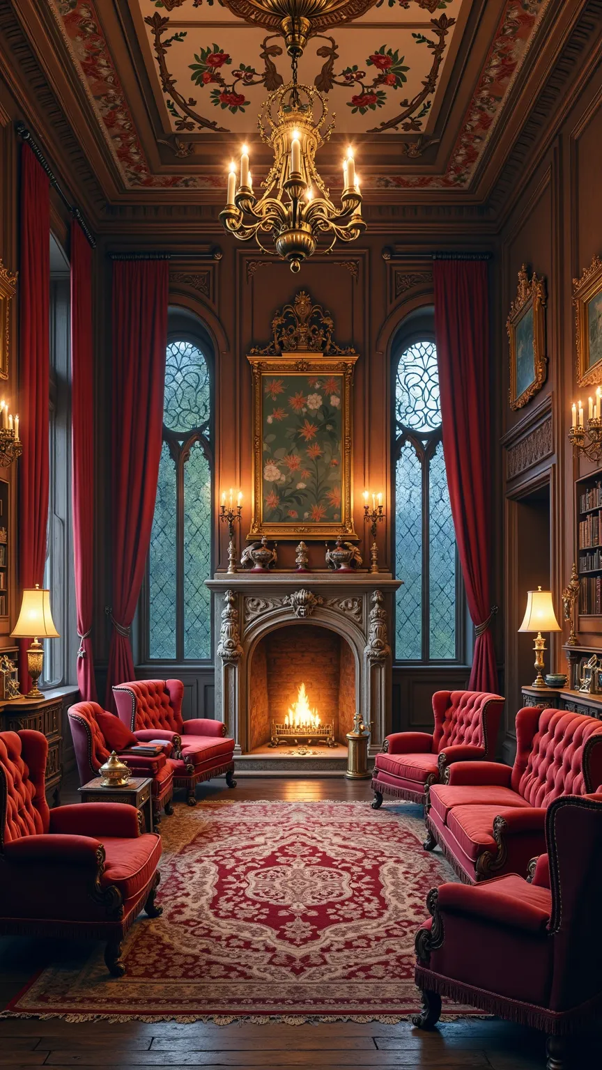 Subject: an opulent Gothic manor drawing room with a grand carved stone fireplace featuring an ornate filigree mantel and brass candelabras, surrounded by tufted crimson velvet armchairs and settees with carved mahogany frames accented by polished brass studs and tasseled fringe, flanked by tall walnut bookshelves filled with leather-bound tomes and antique curios, heavy scarlet damask curtains framing arched leaded-glass windows, decorative plaster corbels and carved oak ceiling beams, richly patterned Persian rugs over polished oak floors, individual velvet button tufts and polished brass studs accent each chair, and the hearthstone bears soot-stained grooves highlighting carved relief patterns; Fine brass-framed oil paintings and medieval tapestries depicting heraldic emblems adorn paneled walls; a wrought-iron chandelier dripping wax candles hangs from a central decorative plaster medallion, its glow reflecting on ornate metal grilles and encapsulating drifting dust motes; side tables of carved oak hold crystal decanters and delicate porcelain cups, and fringed silk cushions rest on wooden bench seats; Medium: ultra-high-resolution digital art; Style: photorealistic cinematic with hyper-detailed wood grain, fabric, stone, and metal textures; Composition: symmetrical frontal panoramic 16:9 view from a slightly low angle emphasizing the depth of seating and height of ceiling leading to the glowing hearth; Lighting: warm flickering candlelight and fireplace glow casting soft dynamic shadows and golden highlights, complemented by cool moonlight filtering through windows creating gentle rim illumination; Color Palette: deep burgundy reds, warm amber golds, rich walnut browns, muted olive greens, and cool slate-blue moonlit accents; Mood: intimate stately elegance, serene contemplative warmth, and timeless aristocratic comfort.

