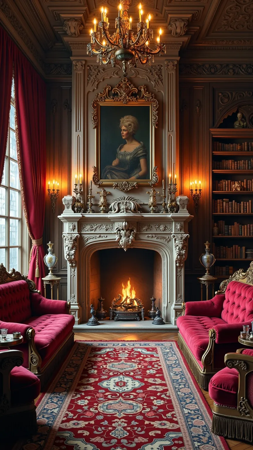 Subject: an opulent Gothic manor drawing room with a grand carved stone fireplace featuring an ornate filigree mantel and brass candelabras, surrounded by tufted crimson velvet armchairs and settees with carved mahogany frames accented by polished brass studs and tasseled fringe, flanked by tall walnut bookshelves filled with leather-bound tomes and antique curios, heavy scarlet damask curtains framing arched leaded-glass windows, decorative plaster corbels and carved oak ceiling beams, richly patterned Persian rugs over polished oak floors, individual velvet button tufts and polished brass studs accent each chair, and the hearthstone bears soot-stained grooves highlighting carved relief patterns; Fine brass-framed oil paintings and medieval tapestries depicting heraldic emblems adorn paneled walls; a wrought-iron chandelier dripping wax candles hangs from a central decorative plaster medallion, its glow reflecting on ornate metal grilles and encapsulating drifting dust motes; side tables of carved oak hold crystal decanters and delicate porcelain cups, and fringed silk cushions rest on wooden bench seats; Medium: ultra-high-resolution digital art; Style: photorealistic cinematic with hyper-detailed wood grain, fabric, stone, and metal textures; Composition: symmetrical frontal panoramic 16:9 view from a slightly low angle emphasizing the depth of seating and height of ceiling leading to the glowing hearth; Lighting: warm flickering candlelight and fireplace glow casting soft dynamic shadows and golden highlights, complemented by cool moonlight filtering through windows creating gentle rim illumination; Color Palette: deep burgundy reds, warm amber golds, rich walnut browns, muted olive greens, and cool slate-blue moonlit accents; Mood: intimate stately elegance, serene contemplative warmth, and timeless aristocratic comfort.
