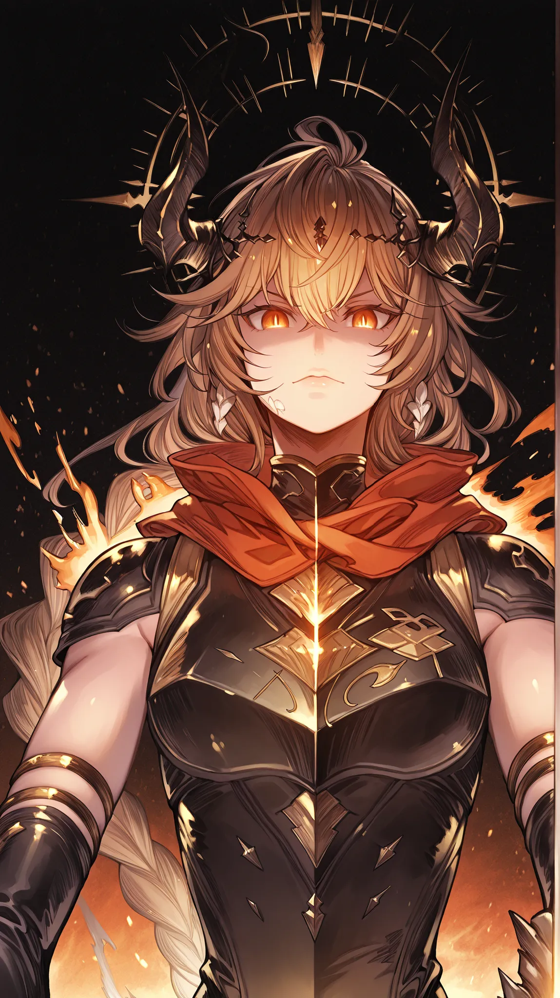 Alone, a man, facing the viewer, brown hair, hairstyle like Reed The Flame Shadow from arknights but with a long braid in his hair, face like sandalphon from Granblue Fantasy, eyes in the tone of red wine, long bangs, perfect anatomy, student, black horns ...