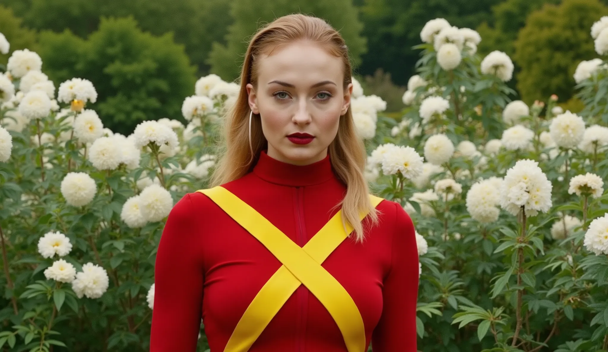 This image is a Wes Anderson Visual Style - Sophie Turner wearing red and yellow X-men Costume (Yellow X on chest throughout) in front of white flowers garden, waist-up cinematic shot, shot by 200mm focal length, 32k, hyper realistic.