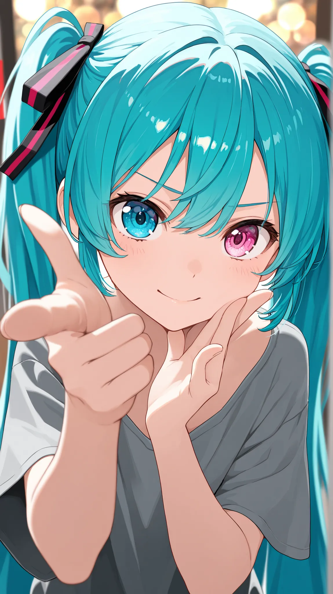 1 girl on break day, sOlO, Hatsune Miku, turquOise hair, twin-tail, hair ribbOn, Bangs, O, heterOchrOmia, detailed eyes, blue eyes, pink eye,
grey t-shirt , ShOrt sleeve, lOOse shirt,
POinting, FOcus On Hands, cOmpulsOry distance law, sign language, d...