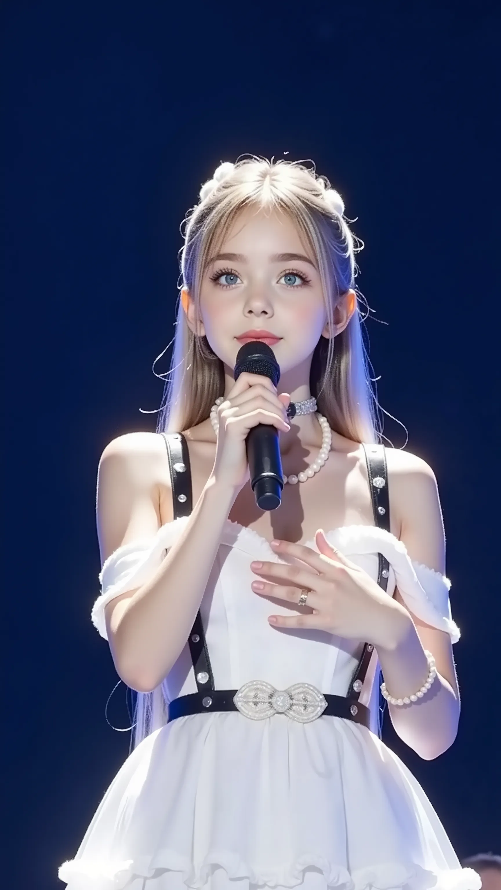 A young female singer sings into the microphone on the stage,Wearing an elegant white off-the-shoulder dress,Ruffled skirt,A thin black belt is tied around the waist。Her long flowing hair,Beautiful and detailed face with red lipstick 。The stage is illumina...