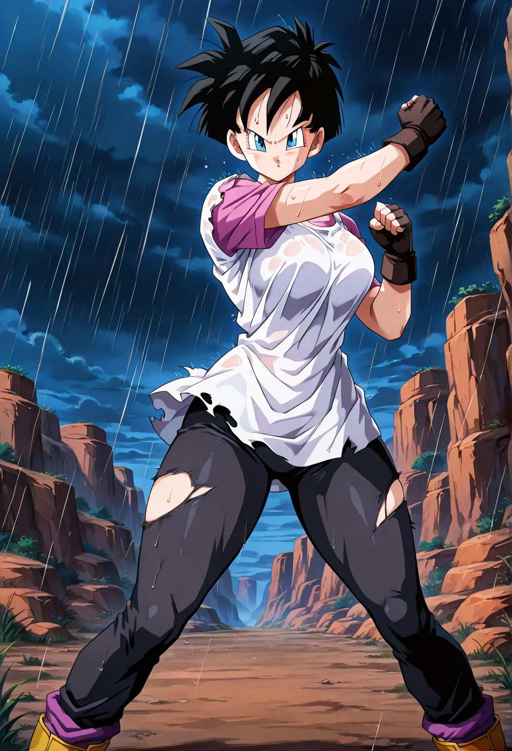 Videl, official style, Night, , Cloudy, Heavy Rain, Strong Wind, Thunderstorm, 1 girl, Alone, looking at viewer, black hair, Short hair, white shirt, Short sleeve, blue eyes, Black fingerless gloves (thick thighs) ((sweat)) Large Breasts (F60), 1990s (style), narrow waist, Standing in a canyon, Trained, hits the air, Standing in a combat-ready martial arts pose, posture ready to attack, serious look, Short legless tight black pants, Clothes torn,
