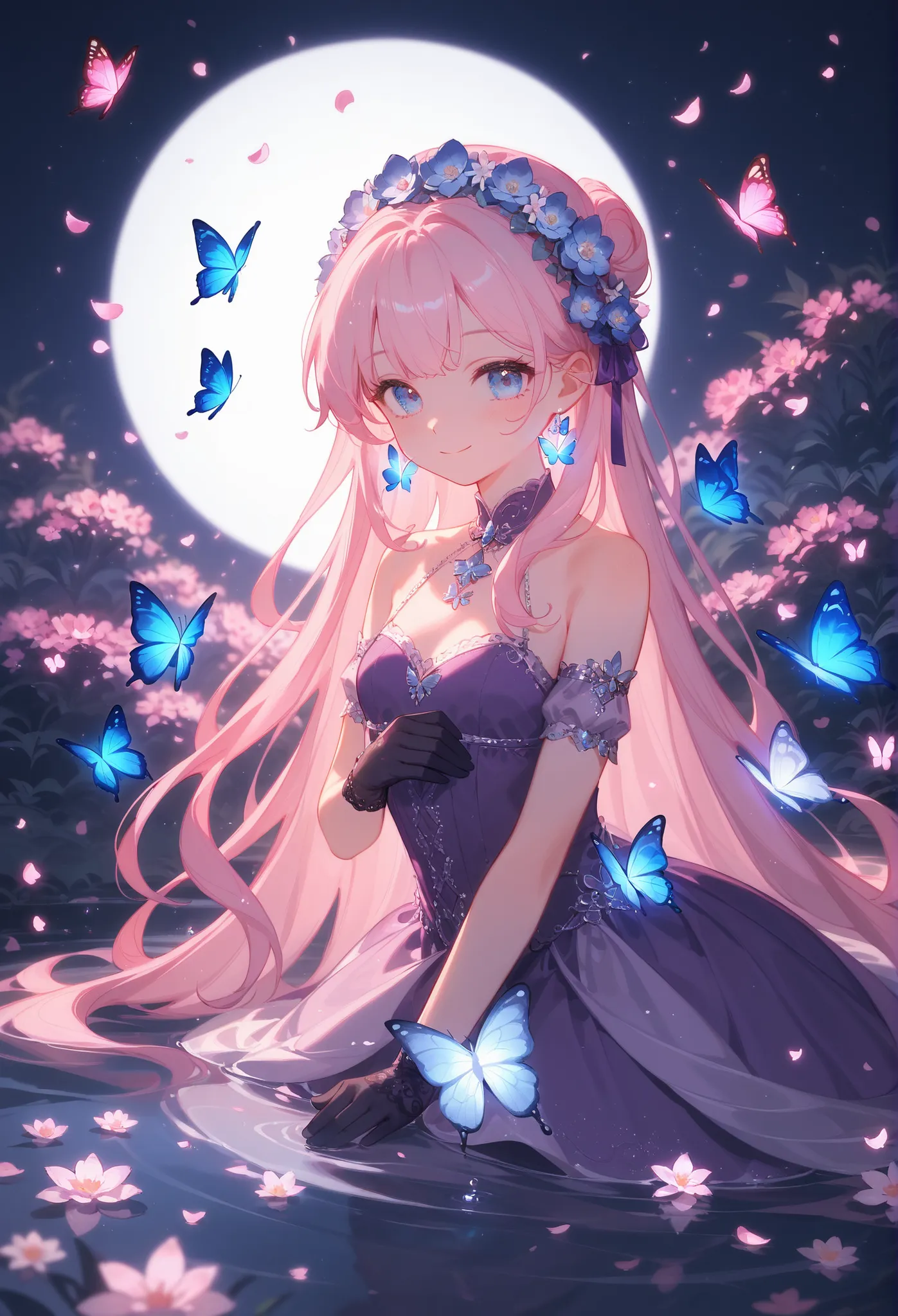 (masterpiece), best quality, highres, ultra-detailed, pastel colors, Girl with long semi-wavy pink hair, tender and bright light blue eyes, Small breasts, adorable blush, adorable face, Tender and adorable body, 
1girl, ethereal princess, flower headdress,...