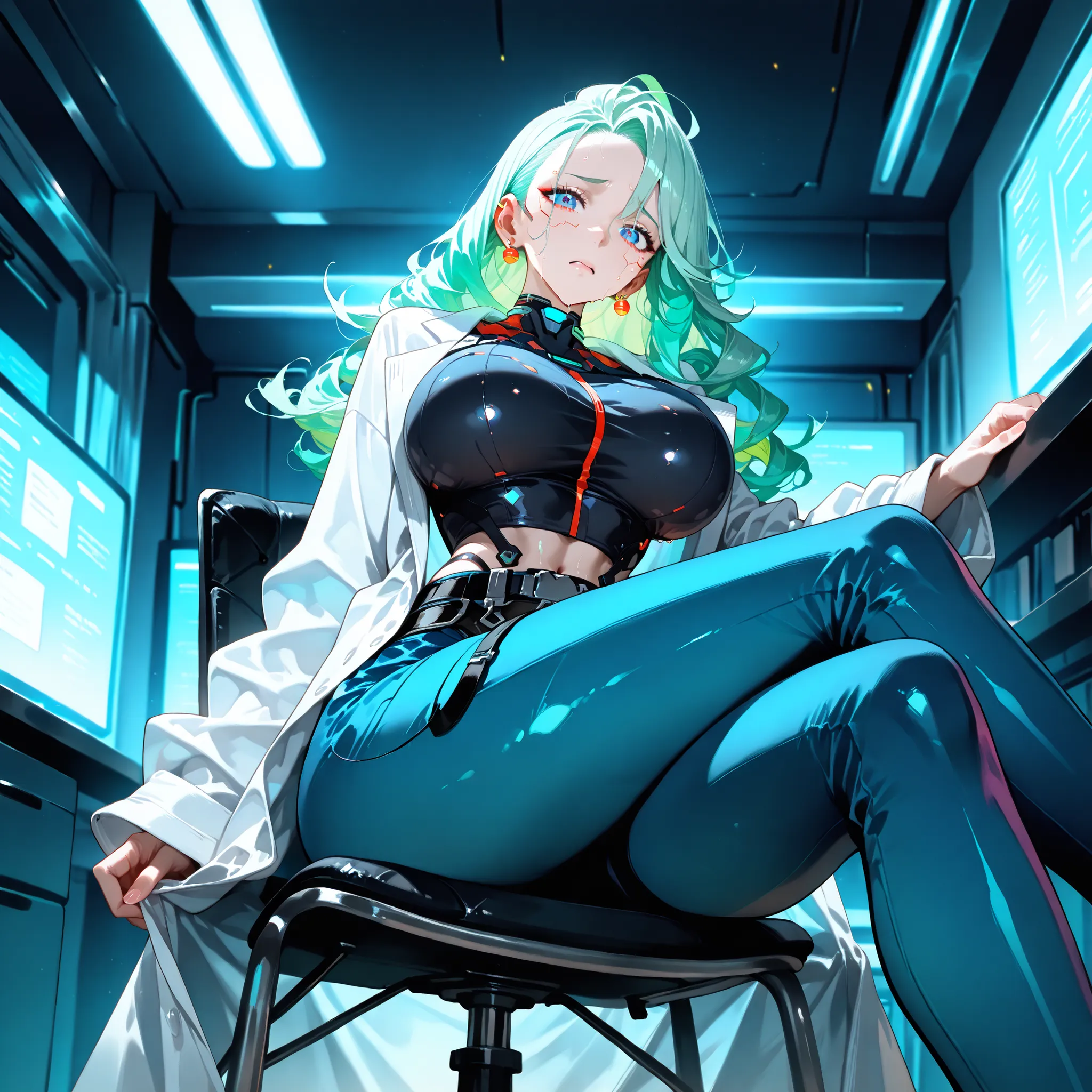 (SuperQuality:1.0) ~ (SuperQuality:1.2), detailxl, 1girl, Solo, High Resolution, Best Quality, High Details, Super Detailed, Cyberpunk City, scientist, Long Hair, Curly hair, Green Hair, blue eyes, Large breasts, Earrings, Long white lab coat, Sitting on h...