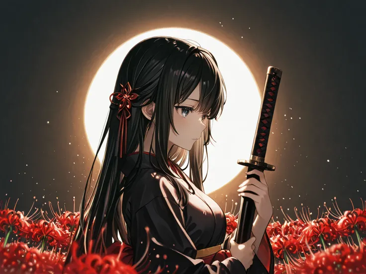 girl holding a Japanese sword in kimono、 Hair ornament for long black hair、moonlight、Red spider lily、has a soft atmosphere、colors are clearly separated、transparent、The effect of light shining in、masterpiece、ultra high definition、very well detailed、Highest ...
