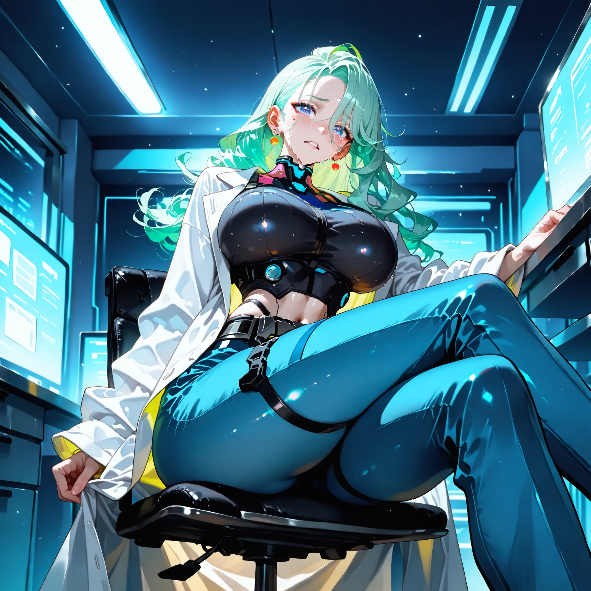 (SuperQuality:1.0) ~ (SuperQuality:1.2), detailxl, 1girl, Solo, High Resolution, Best Quality, High Details, Super Detailed, Cyberpunk City, scientist, Long Hair, Curly hair, Green Hair, blue eyes, Large breasts, Earrings, Long white lab coat, Sitting on h...