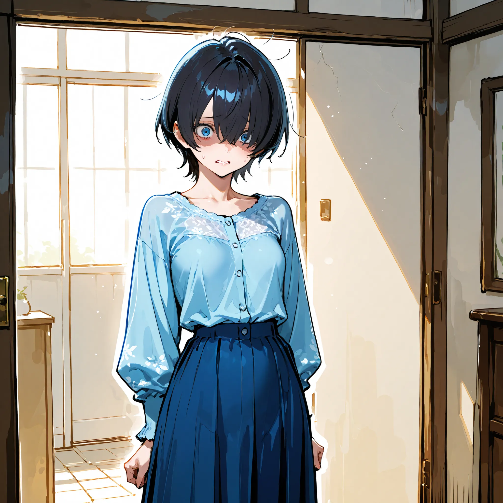 (((best quality))), ((ultra-detailed)), (illustration), ((an extremely delicate and beautiful)),(background:In front of a residential area),1 woman,solo, (Very short ), (flat breasts), (Frightened expression),(gleaming skin),(Blue clothes and long skirt),(...