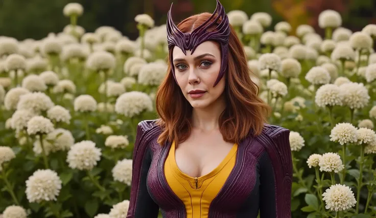 This image is a Wes Anderson Visual Style - Elizabeth Olsen wearing purple and yellow Scarlet Witch Costume with crown. in front of white flowers garden, big breast, visble cleavage, waist to head framing cinematic shot, shot by 200mm focal length, 32k, hy...