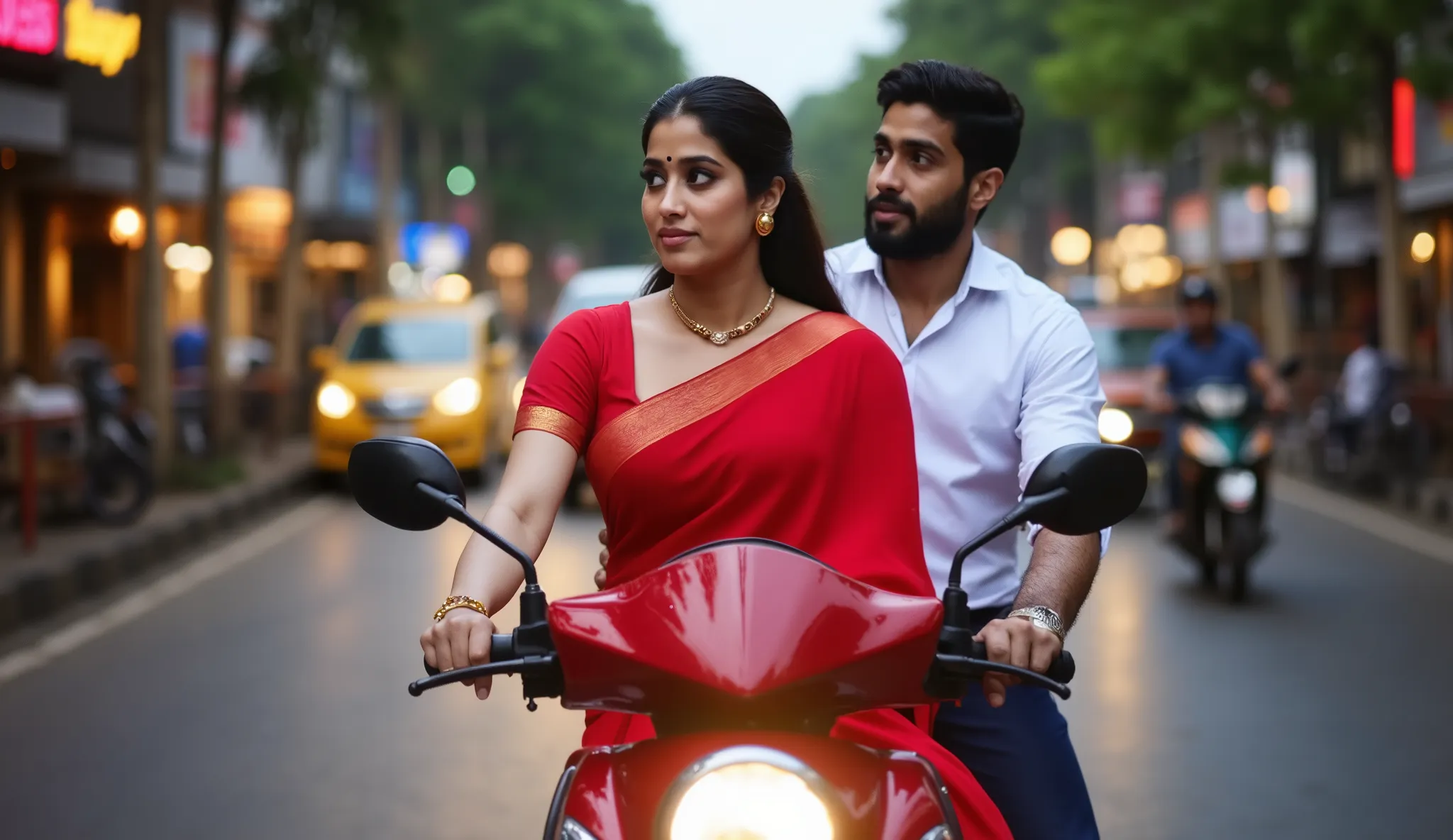 “A crowded Chennai street at dusk, humid monsoon air, vibrant street energy. A 29-year-old South Indian woman, fair skin, medium build, 5’5”, resembling Tamanna Bhatia, with long jet-black hair in a neat bun, in a vibrant red cotton saree with gold border,...