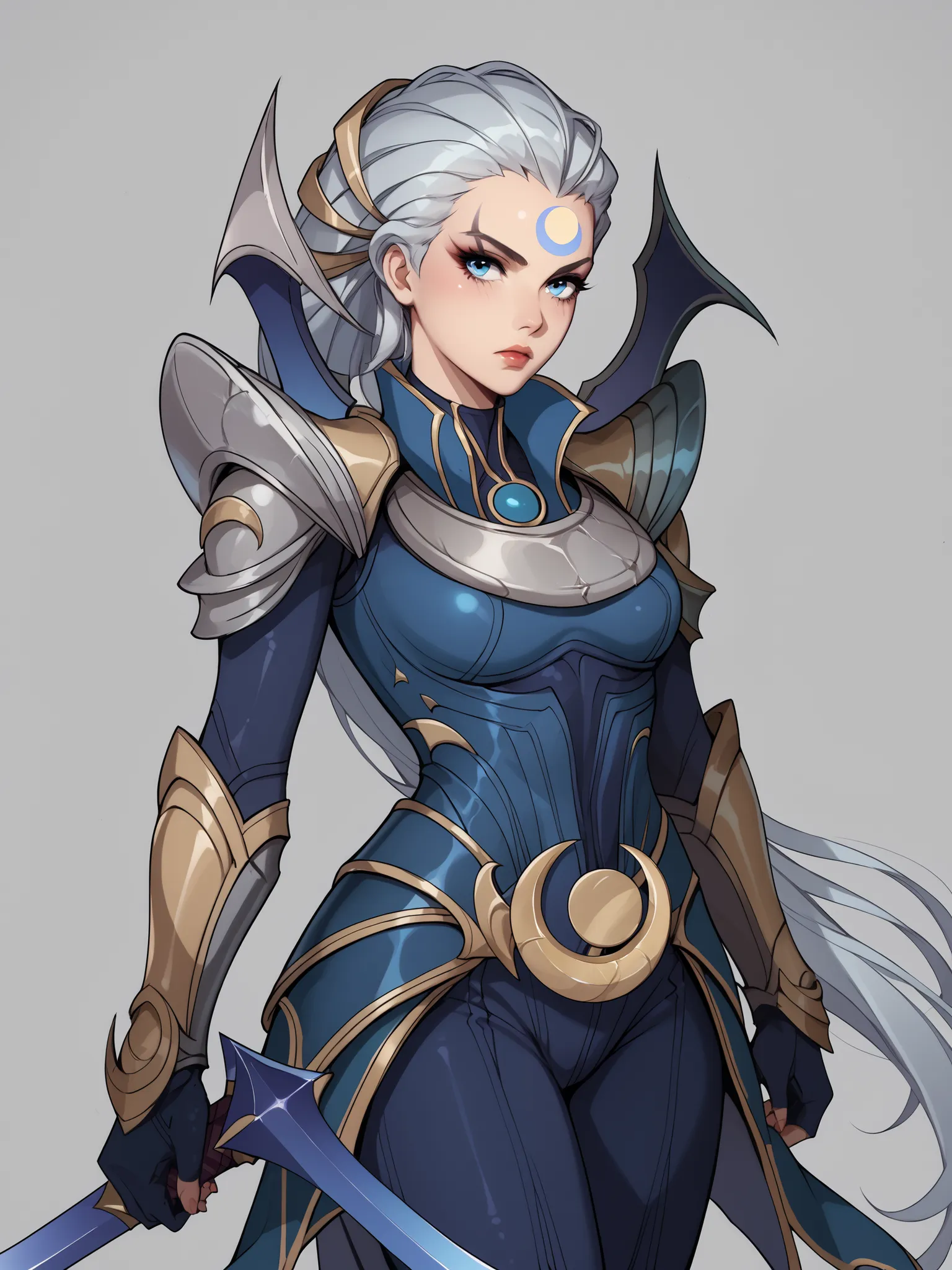 Highly detailed and stylized digital illustration of Diana from League of Legends, standing pose, wearing her dark armor with silver, gold and blue details, crescent-shaped shoulder pads and greaves, holding her great moon sword with a curved crescent-shap...