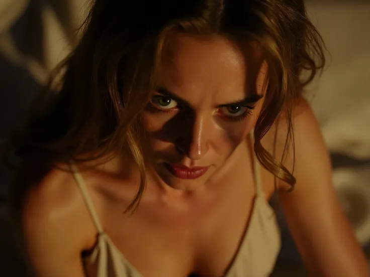 (over the shoulder shot:1.9), close up of a frightened woman looking over her shoulder,  Frightened. warm colors, shallow depth of field, wearing white string strap camisole