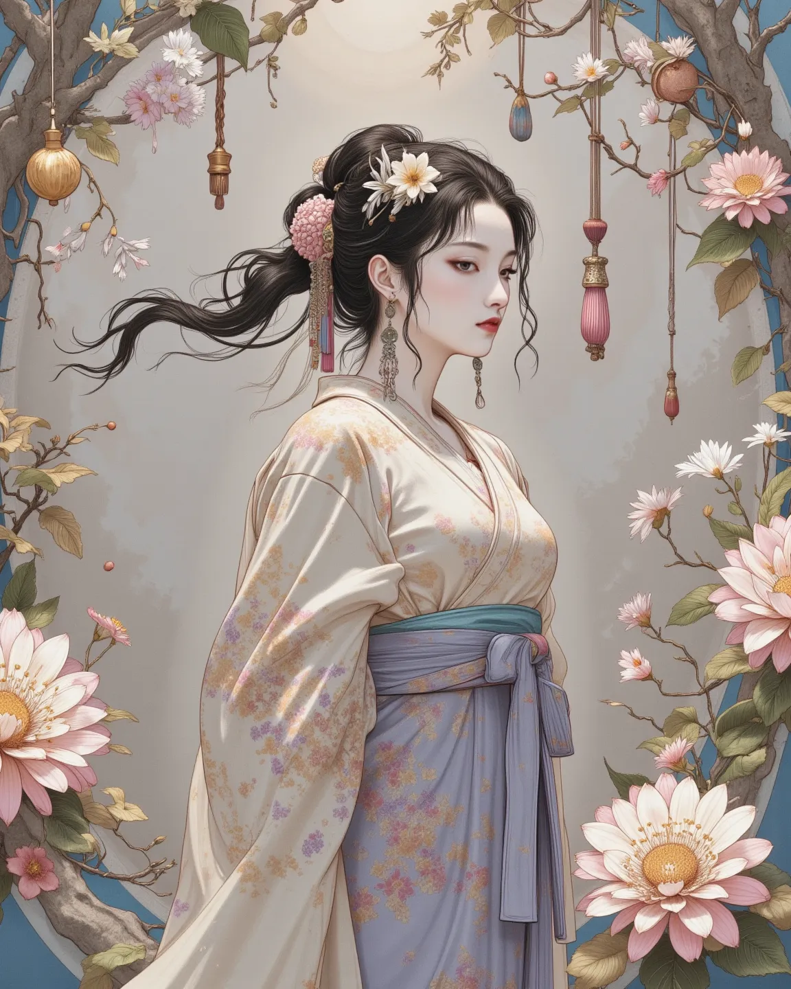 A gentle Japanese woman in a hakama is at the center of this image。Her costume is expressed in muted beige tones、exude elegance and modesty。gently bowing her head her expression is serene、her flowing hair is adorned with intricate floral hairpieces、enhances the natural flowers surrounding her in the background、Ornate round objects、A gentle young woman in a traditional Japanese costume is at the center of this image、graceful vine plants and hanging ornaments hanging above her head The、timeless beauty。understated, simple color scheme enhances the scene's calm and introspective mood。The overall atmosphere of the frame is quiet and meditative、You can feel serenity and elegance。