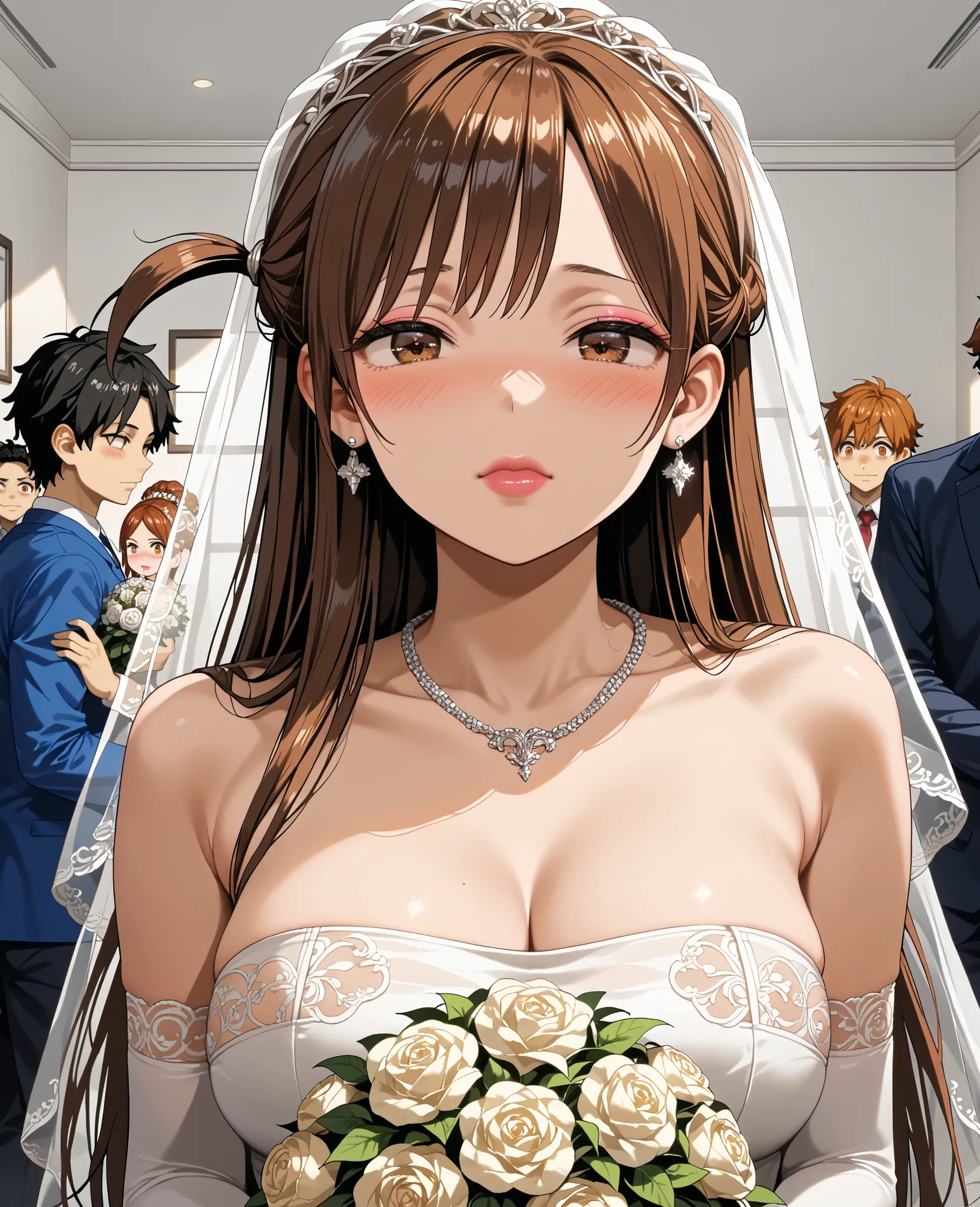 wince,Chizuru Mizuhara, chizuru_mizuhara, Long hair, Bangs, brown hair, brown eyes,  one side up ,
(((Pixel Perfect, Perfect Details))), alone, 1 girl，bride，  on campus，（Close Your Mouth 1 .hiny pink lips,bride禮服的特写,Gulwitz, (bride頭紗：1.4)，（（transparent sho...