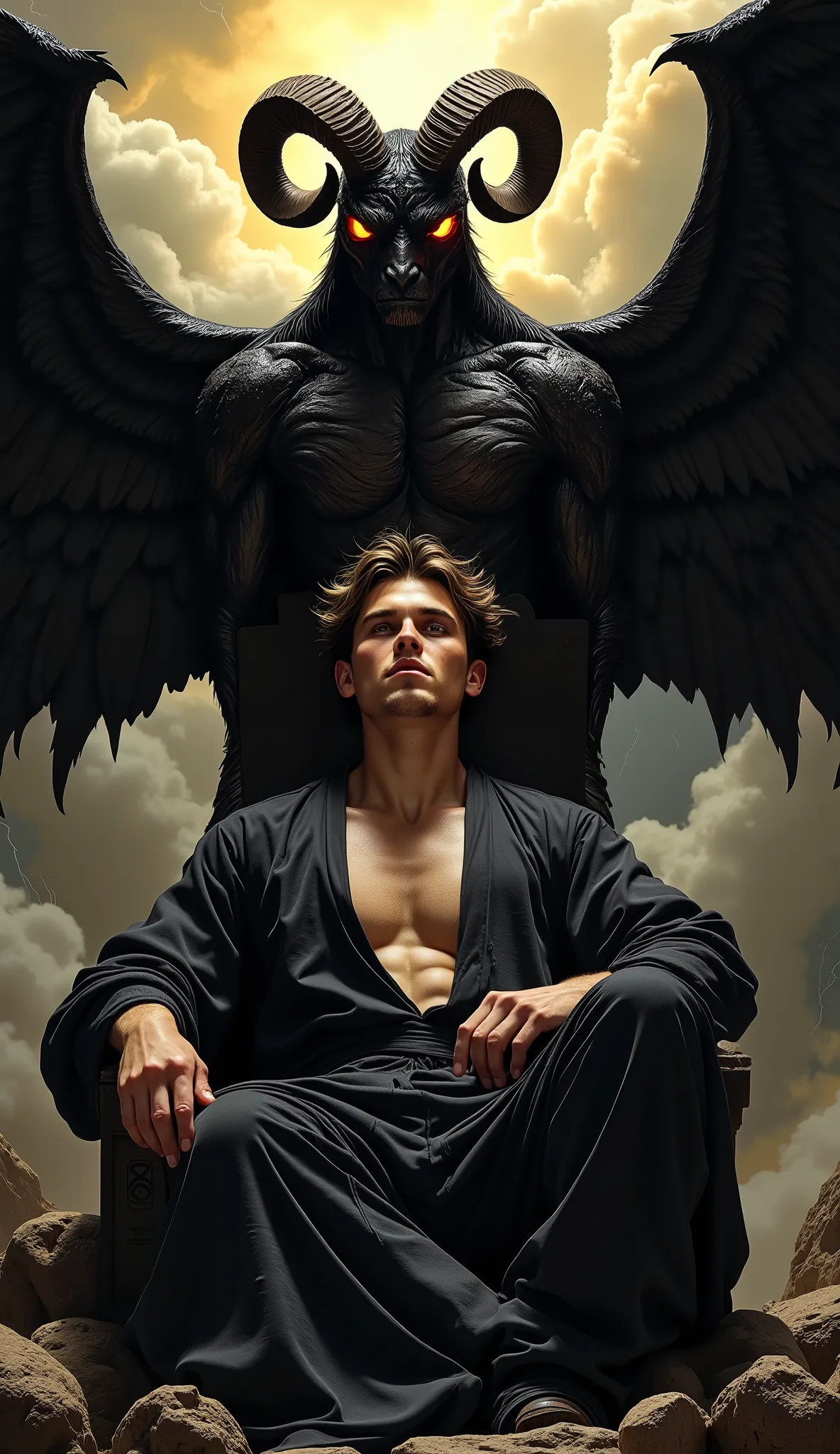 Hyper realistic, high detail, dark atmospheric portrait of a young man sitting on a stone throne, leaning back with relaxed dominance. He wears a dark open robe exposing his chest, his face lit by soft dramatic light from the left, casting deep shadows. Be...