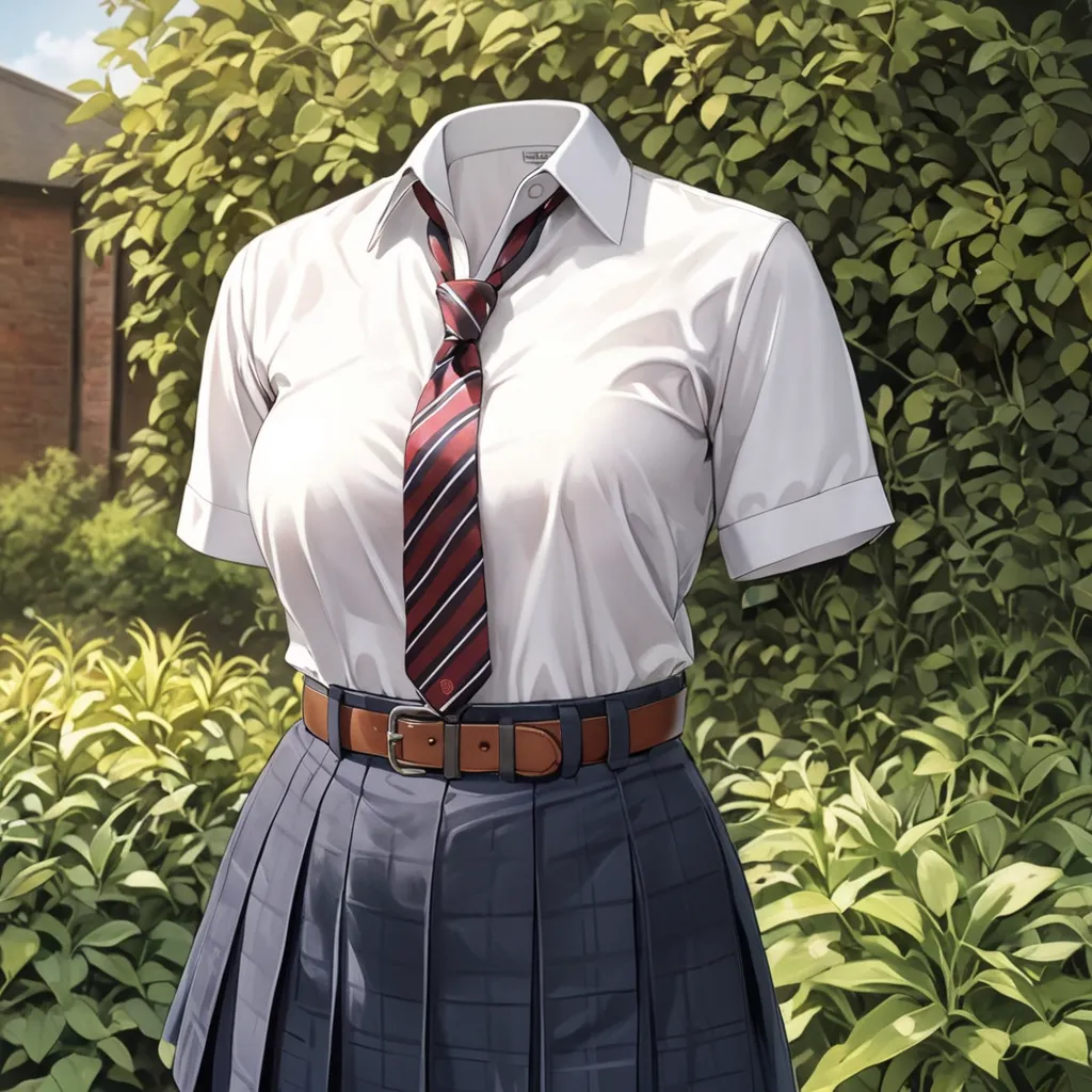 (invisible:1.5, no humans:1.5, headless:1.5, faceless:1.5), ( school uniform blouse, belt, plaid slacks, striped tie, big hip, in garden:1.2), (big breast), (best quality, masterpiece:1.2), (((detailed cloth texture, detailed anime, super fine illustrati...
