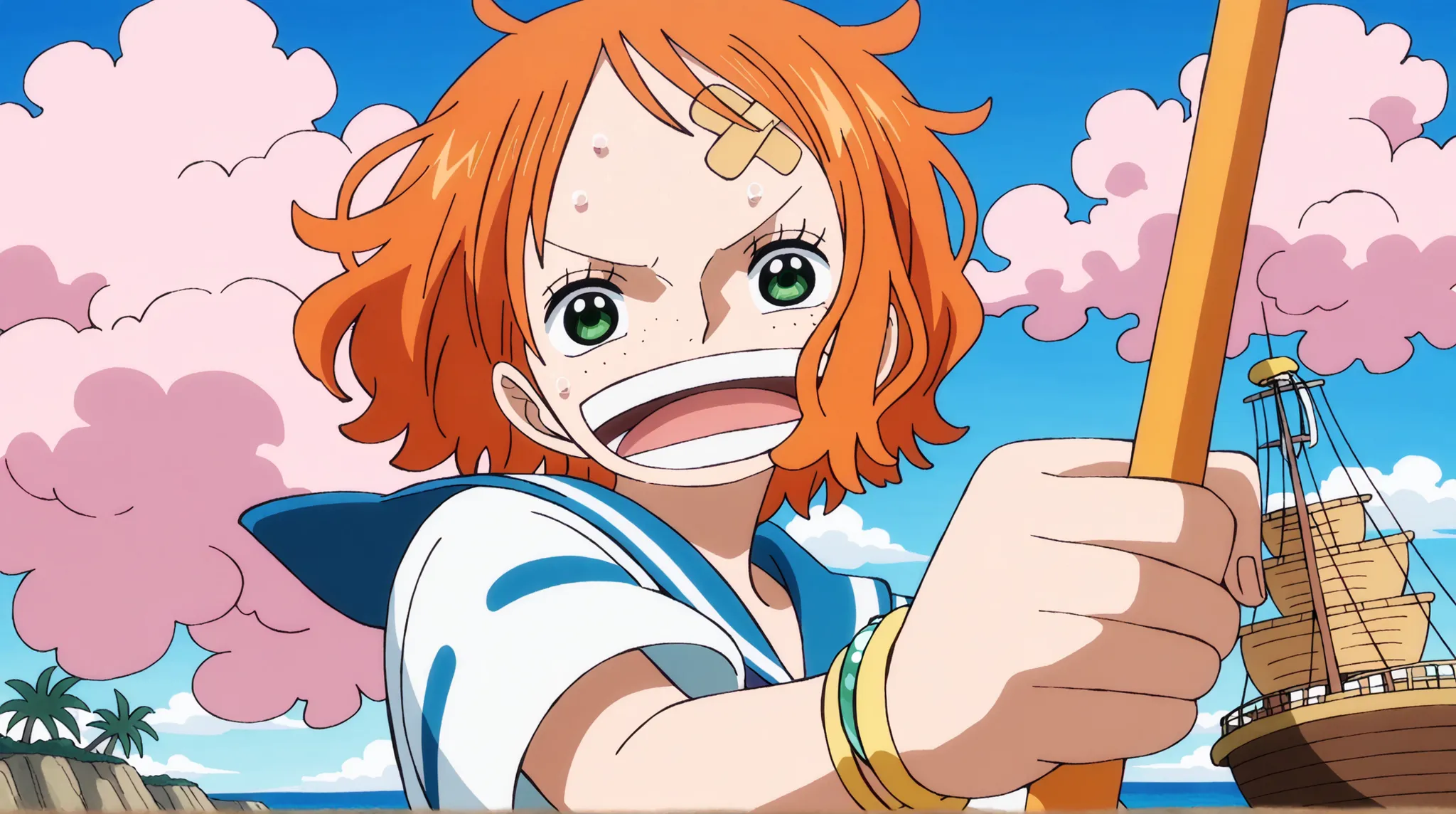 a fiery and expressive anime girl with short messy orange hair, green eyes full of excitement, freckles, a yellow band-aid on her forehead, sailor uniform with blue trim, holding a Clima-Tact stick, fangirling over Nami from One Piece, crazy smile, tropica...