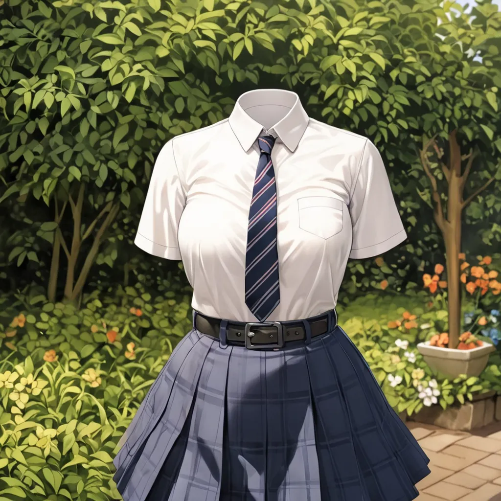 (invisible:1.5, no humans:1.5, headless:1.5, faceless:1.5), ( school uniform blouse, belt, plaid slacks, striped tie, big hip, in garden:1.2), (big breast), (best quality, masterpiece:1.2), (((detailed cloth texture, detailed anime, super fine illustrati...