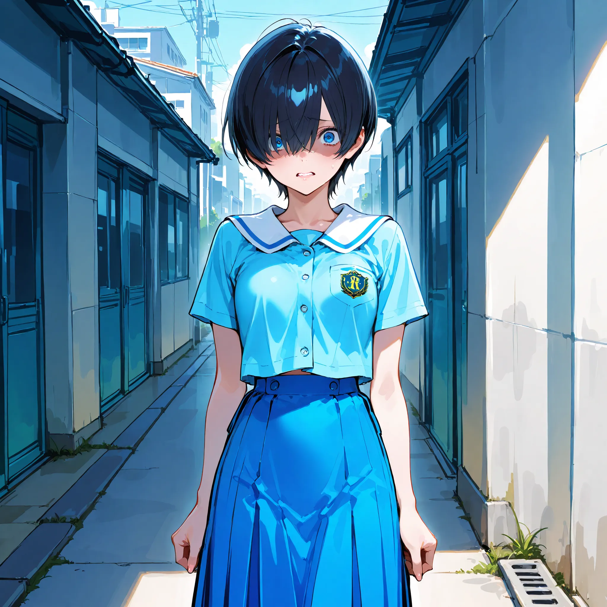 (((best quality))), ((ultra-detailed)), (illustration), ((an extremely delicate and beautiful)),(background:In front of the concrete school building),1 woman,solo, (Very short ), (flat breasts), (Frightened expression),(gleaming skin),(Blue clothes and lon...