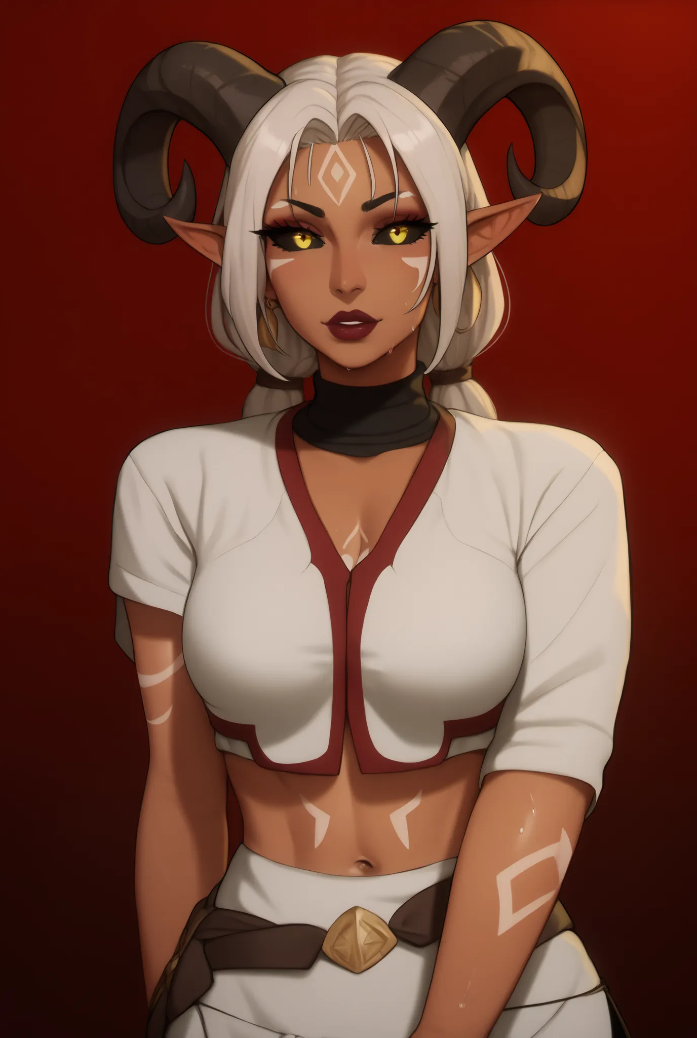 Solo, female, ((curved tiefling horns, dark olive skin)), small breasts, standing, ((fantasy village background)), (lipstick, eyeliner, eyelashes, mature female), cleric, ((long shaggy white hair)), sweaty skin, ((front view)), (white tribal face markings)...