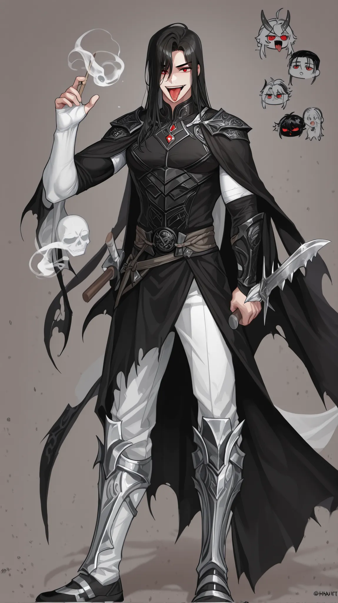 Một người đàn ông ngạ Demons , Strong , manhwa , full hd ,8k , clear face , eyes are not blurred and distorted , balanced body , Demons , sanguine , long blades , sticks out the tongue , cunning , red eyes , evil
