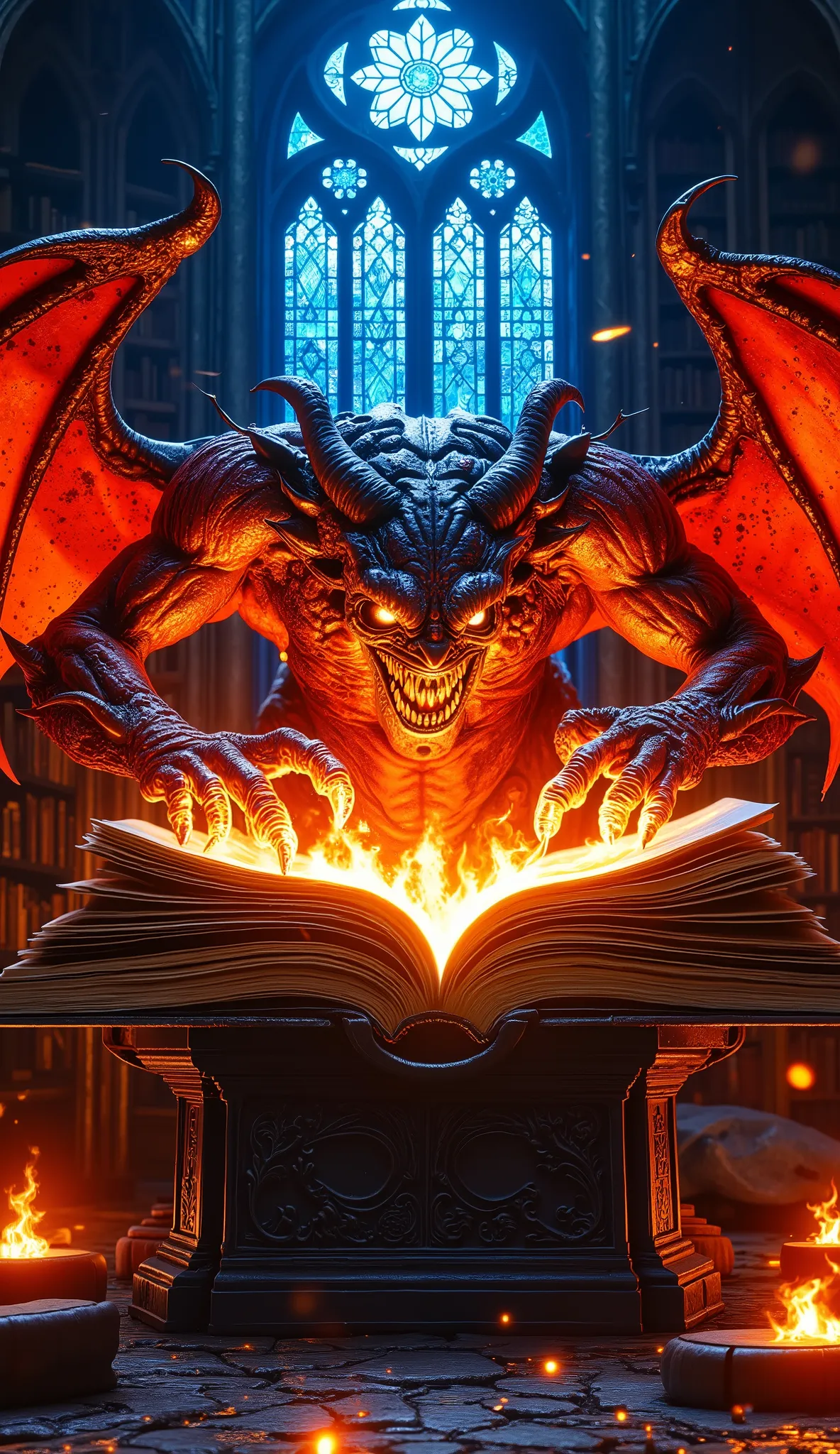 Hyper realistic, high detail scene of an enormous infernal demon emerging from a glowing, ancient book of forbidden magic. The demon has sharp wings, molten skin, multiple fiery eyes, and a mouth full of jagged teeth. Its massive claws are reaching forward...