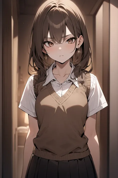 ((masterpiece,Highest Quality:1.2)),(soro),night,Slender, slender high school girl standing in her room looking down at you,cowboy shot,brown long hair,Perfect brown eyes, tree eyes ,serious expressionless,brown knit vest,white school short sleeve blouse,(...