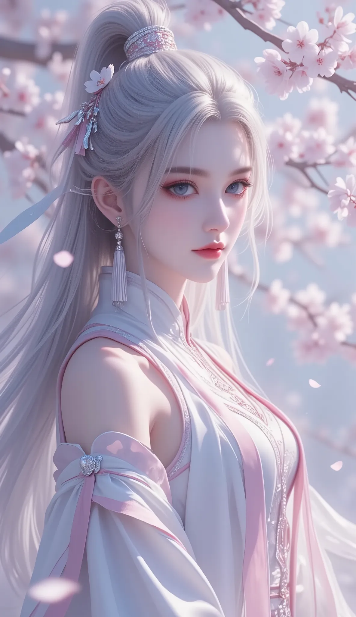 Chinese Fairy Tales character, extremely details, high detailed face, mature woman, milf, extremely busty, cool beauty, living expressions, (cold gaze, cold eyes, blue eyes), expressionless, gray hair, highlight, high ponytail, light hair, shiny silky, Him...