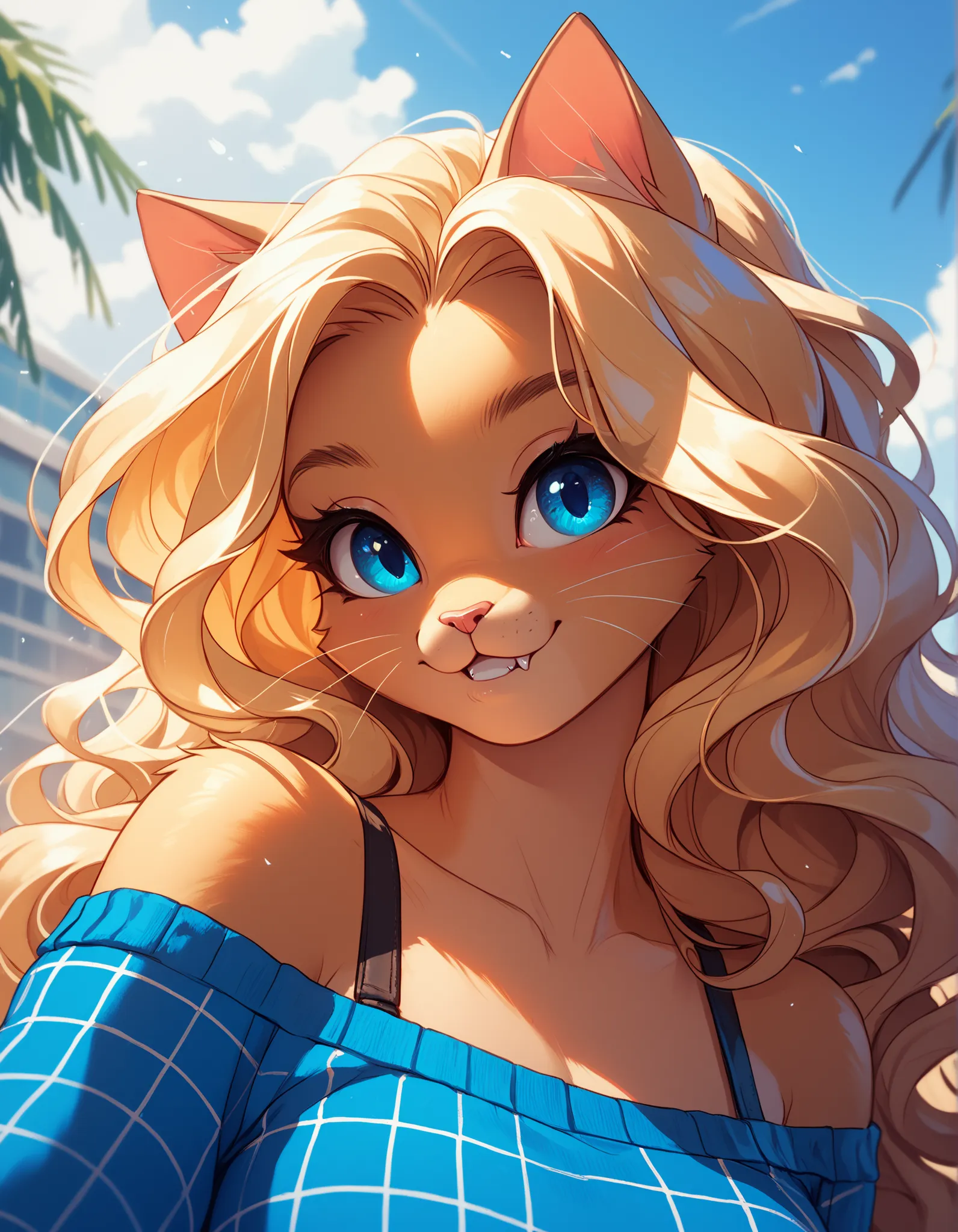 cute anthro cat girl with long blonde hair and blue eyes, very detailed, a grid showing various district emotions
