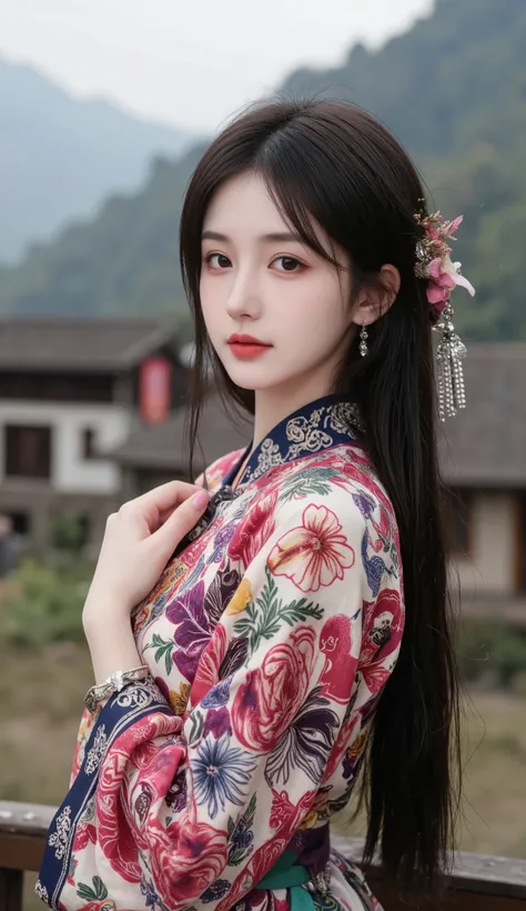 a beautiful Asian woman wearing traditional Hmong dress, colorful embroidered patterns, silver accessories, long black hair, standing in a misty mountain village, cinematic lighting, 8K, highly detailed, cultural beauty, soft expression, elegant pose