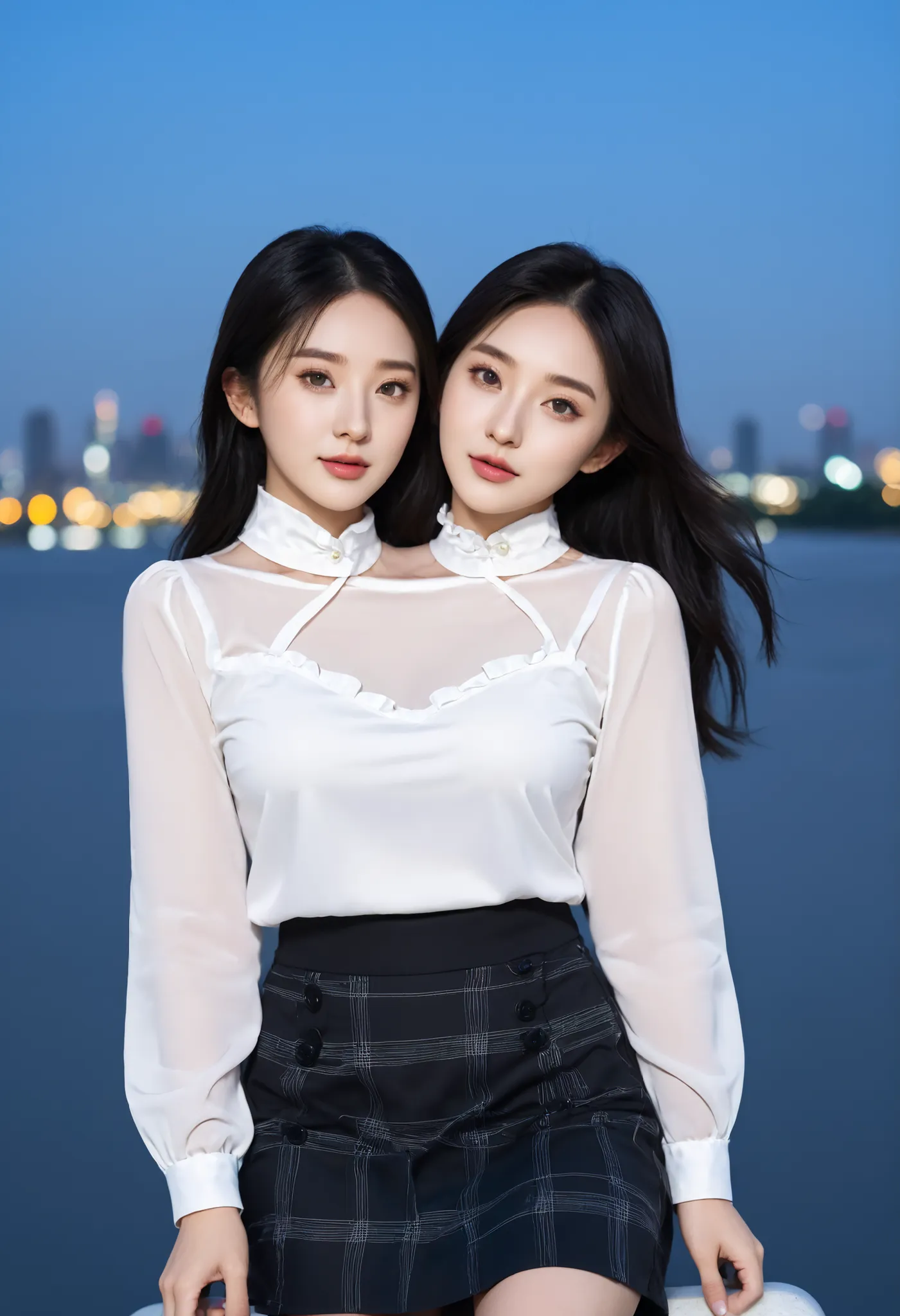 , photorealistic, best resolution,korean woman with two heads, 2girls, different faces, heart-shaped face, rectangular face, button nose, straight nose, blonde hair, black hair, different hair lengths, long hair, short hair, different hair colors, frilly w...