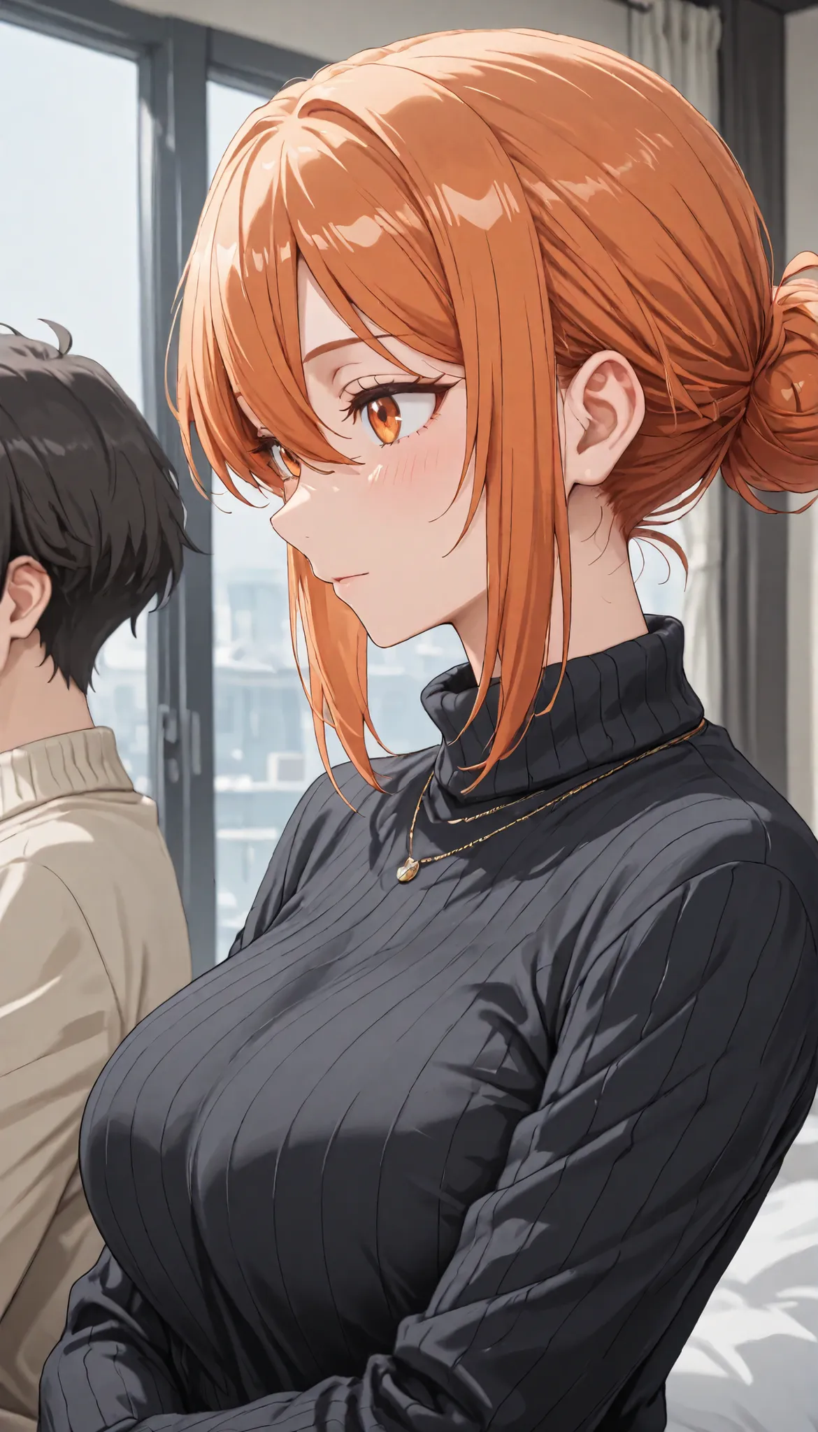 score_9, score_8_up , score_7_up , ,Max Masterpiece、Highest Quality、illustrations、Super fine、、high image quality、  8k 、perfect dynamic composition、 saggy due to motherhood、yuigahamama, hair bun, mature female, orange eyes, orange hair, short hair, single h...