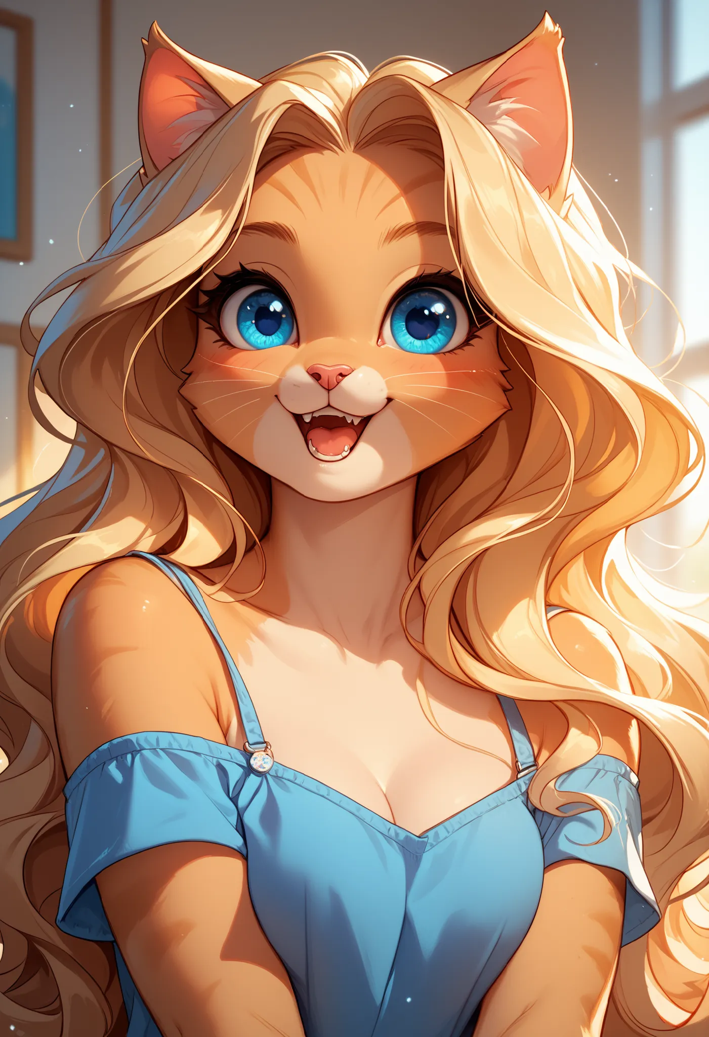 cute anthro cat girl with long blonde hair and blue eyes, very detailed, emotion codex, 9 different faces showing 9 different emotions