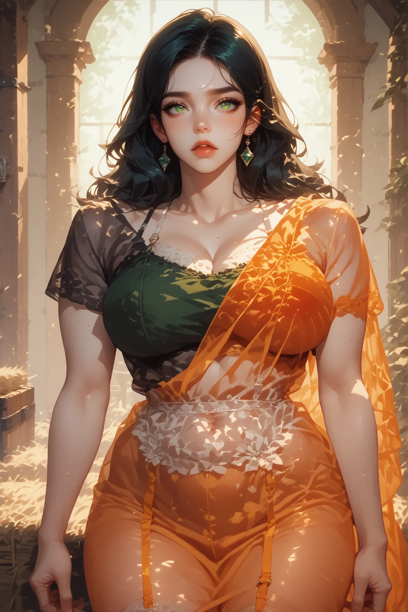 Futanari with less black hair green eyes big breasts healed abdomen thick thighs big transparent white dress inside the stables with her(( big dick in lump position)), bra strap, greater