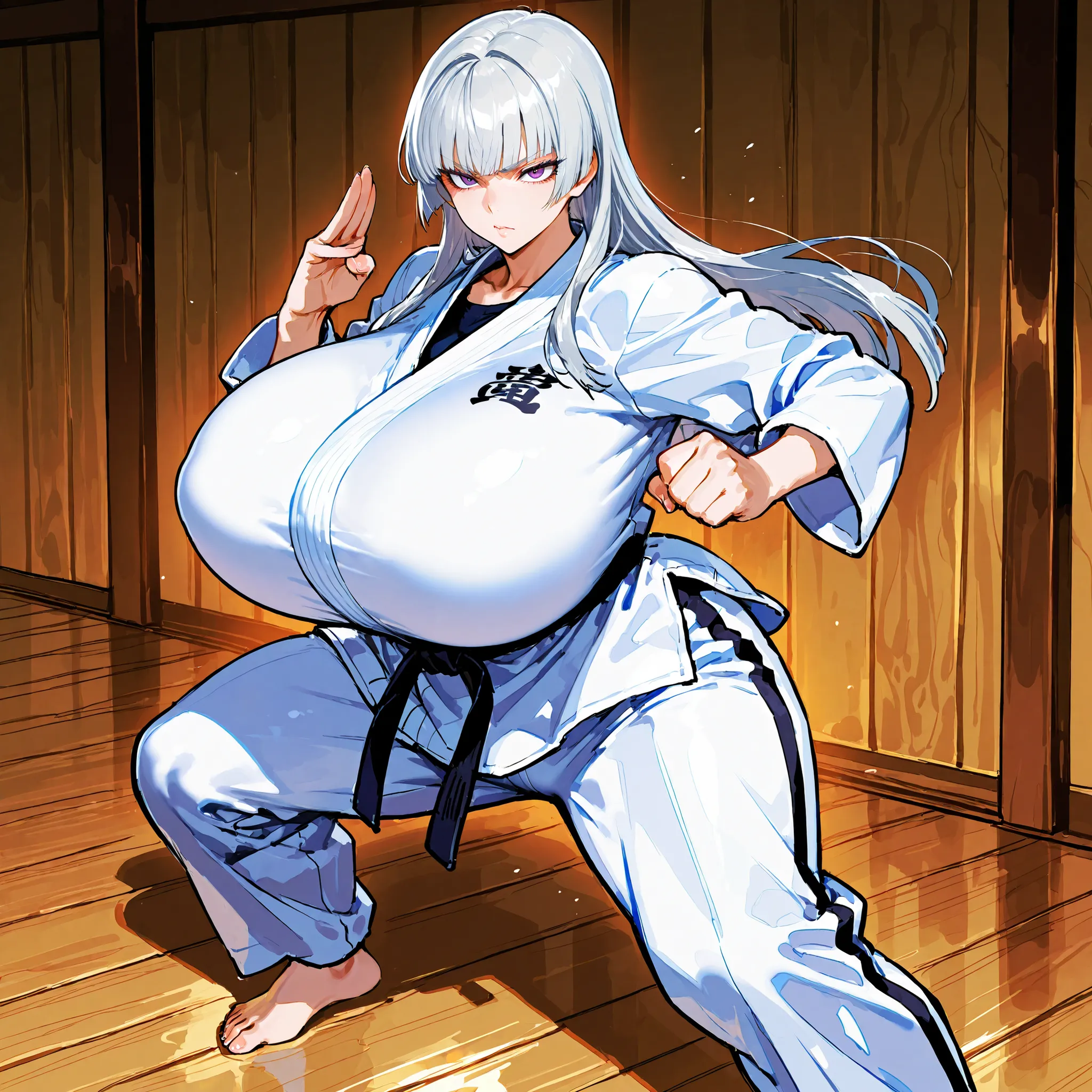 (((best quality))), ((ultra-detailed)), (illustration), ((an extremely delicate and beautiful)),(background:Old wooden karate dojo),1 woman,solo, (Serious expression),(gleaming skin),(Karate uniform clothing)(Black inner)(Karate uniform pants)(Black karate...