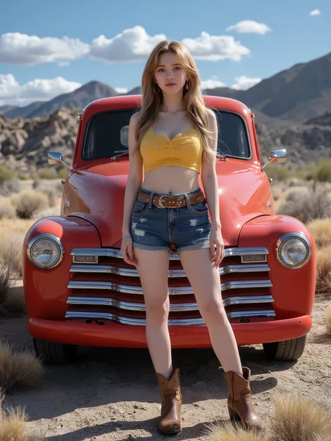 x} Wearing a leather belt studded with brown cowboy boots {x} A charming blond woman in front of a bright red vintage Chevrolet truck {x} Against the backdrop of desert terrain covered with golden dry grass and rocky mountains visible in the distance, crea...