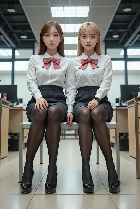 (3D Modeling:0.6), erotic, Hyper Breath,  narrow waist , sit side by side at a desk_looking here_Precocious Girl_ol, (depicting everything from a person's head to high heels from the viewpoint of chest height:1.8), bright indoor with LED lighting, Sit shal...