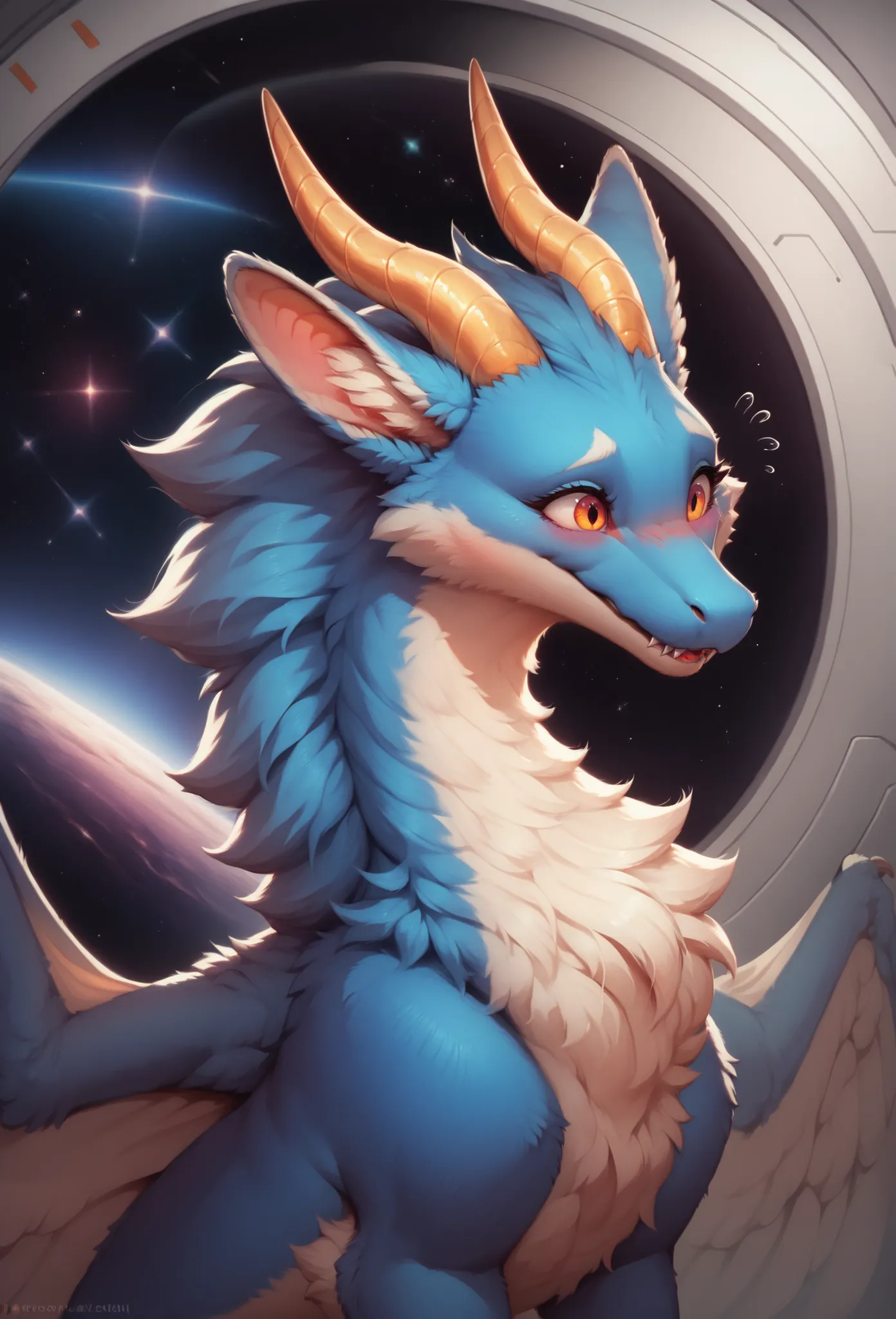 furry art, feral, furred dragon, female, portrait, white and blue fur, thicc, wings, horns, tail, chest fluff, paws, fangs,  ton back,  embarrassed, happy,  staring off into space, extra fluffy,  staring off into space, extra fluffy, quadruped, 