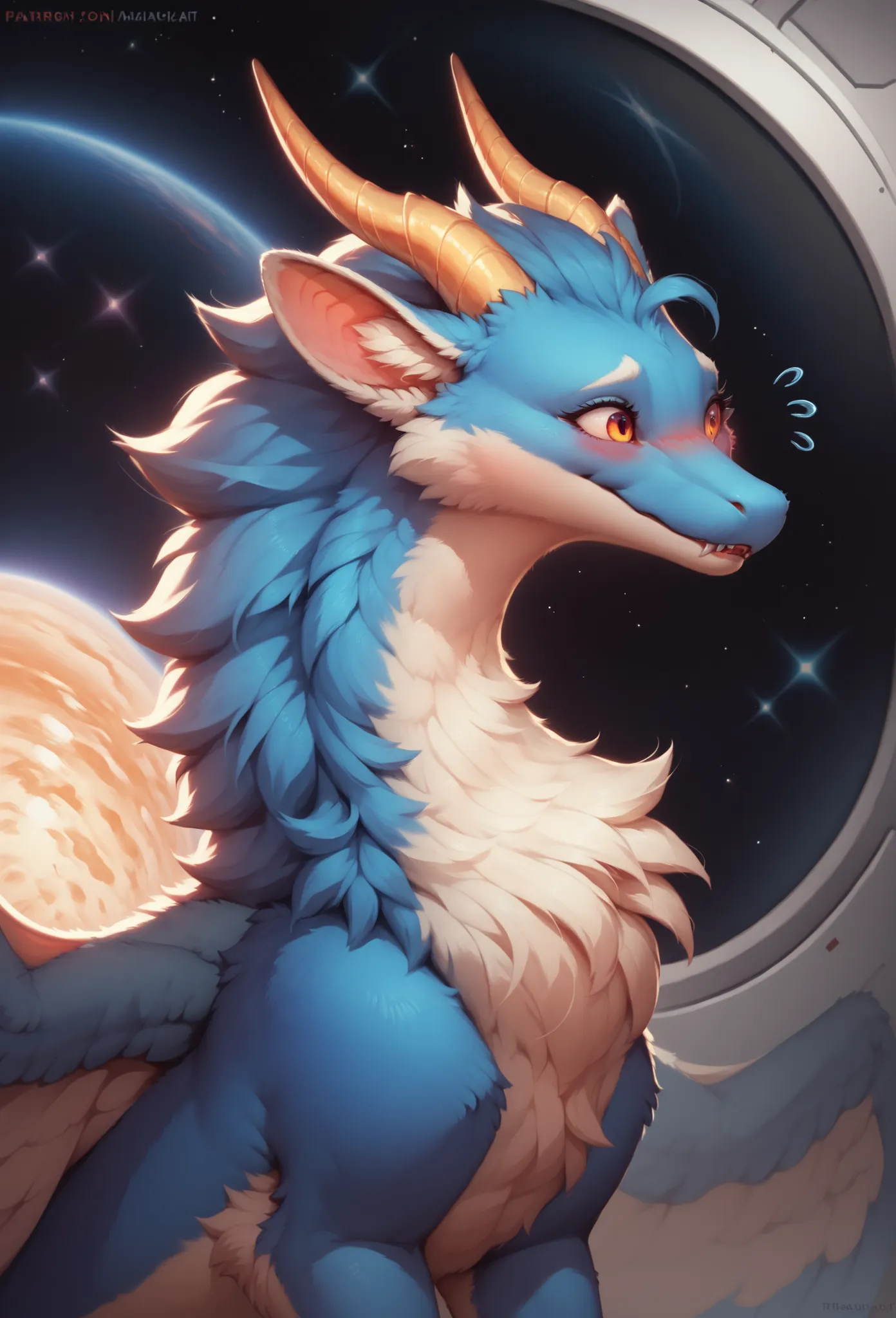 furry art, feral, furred dragon, female, portrait, white and blue fur, thicc, wings, horns, tail, chest fluff, paws, fangs,  ton back,  embarrassed, happy,  staring off into space, extra fluffy,  staring off into space, extra fluffy, quadruped, 