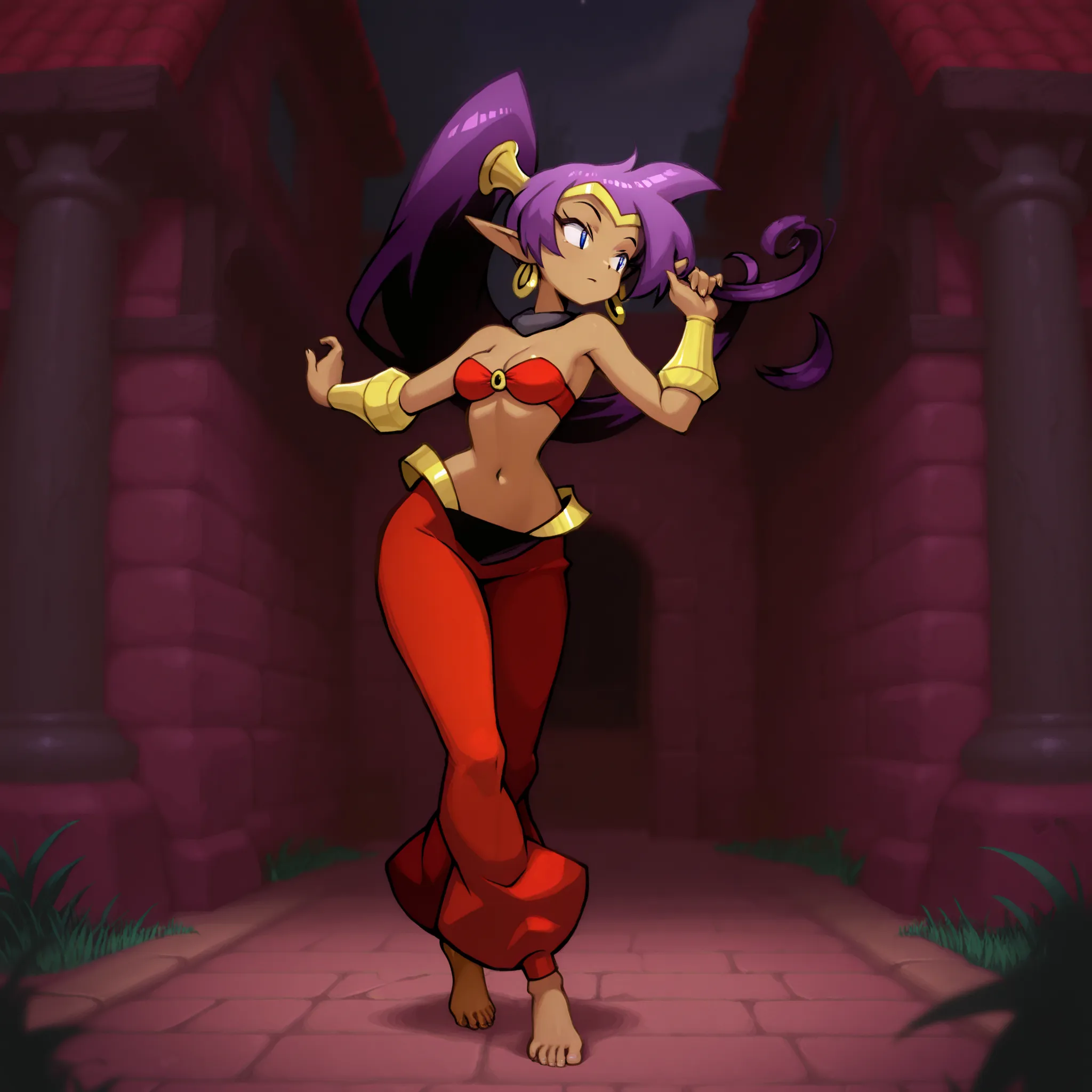 masterpiece, best quality, amazing quality, high resolution, ultra-detailed, absurdres, newest,    shantae, 1girl, solo, clothed, red pants,  barefoot, outdoors dancing, twirling, BREAK, detailed eyes, photorealistic details, depth of field, volumetric lig...
