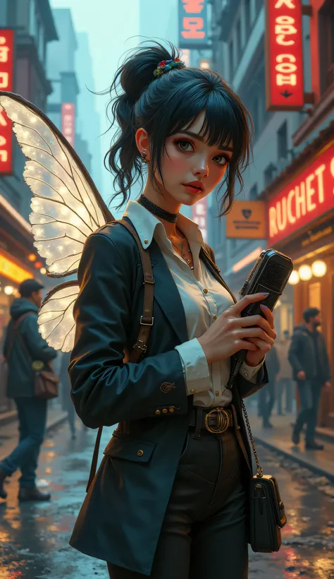 Pixie, 1female, solo, cowboy shot, tiny stature, modern journalist, urban fantasy world, busy city street, delicate translucent wings folded behind her, sleek blazer, subtle magical accents, glowing threads, enchanted jewelry, carries magical recording dev...