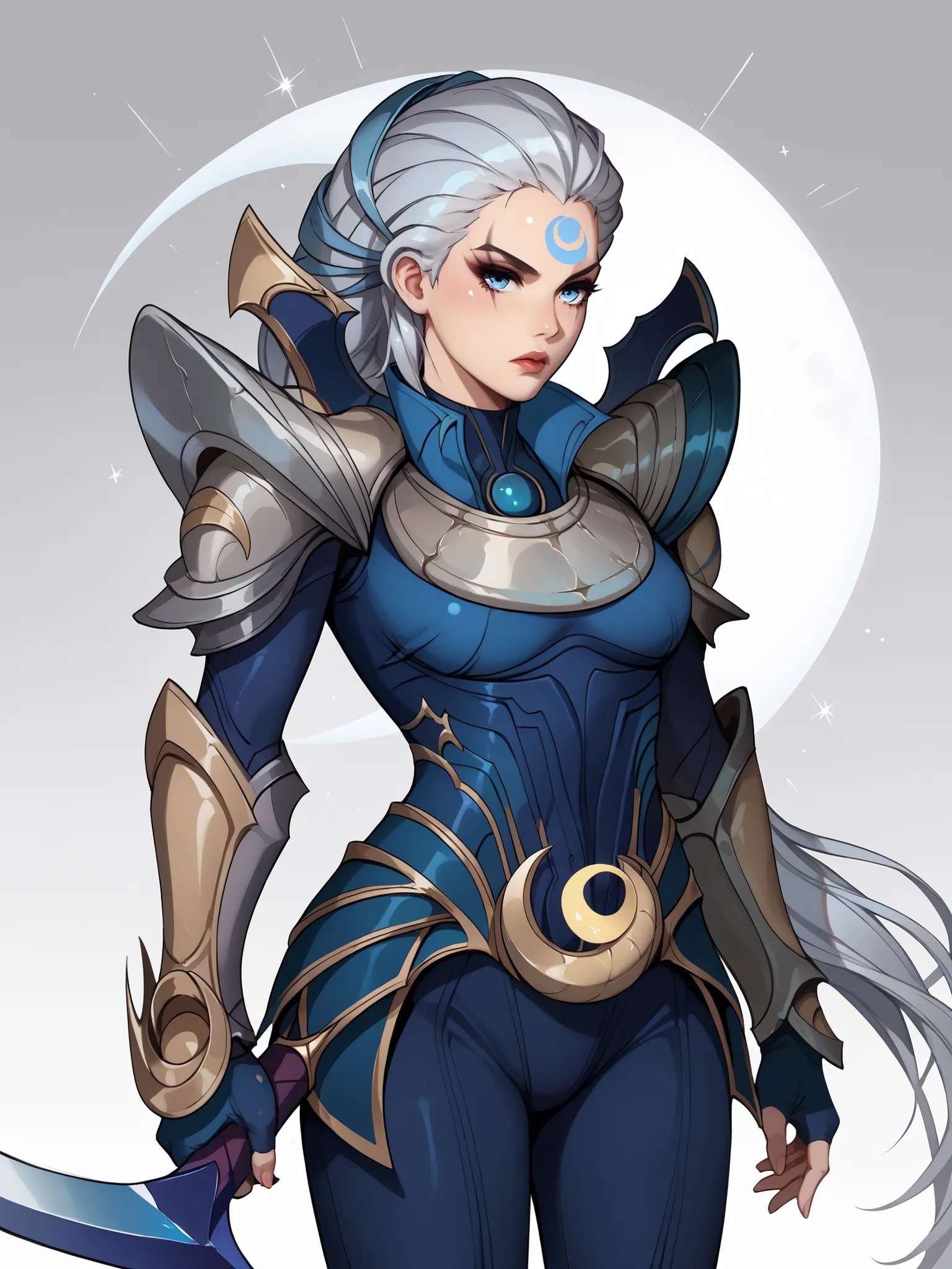 Highly detailed and stylized digital illustration of (Diana) from League of Legends, standing pose, wearing her dark armor with silver, gold and blue details, crescent-shaped shoulder pads and greaves, holding her great moon sword with a curved (crescent-s...