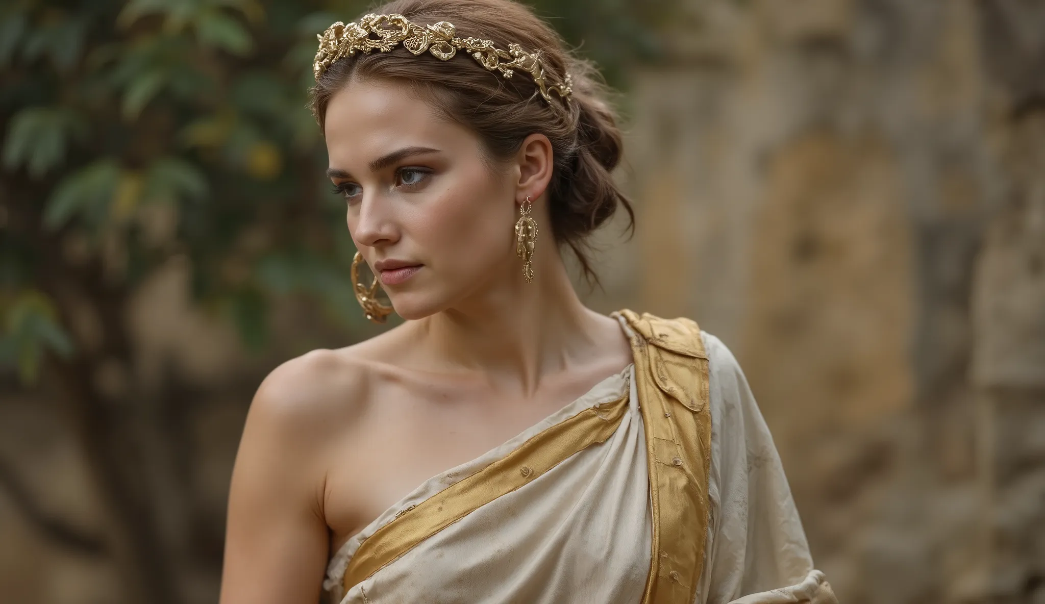 Ultra-realistic portrait of a Greco-Roman queen standing in silence, head slightly raised, with a serene yet magnetic expression. She wears a flowing white and gold tunic, adorned with a laurel crown. Her posture is tall and graceful, exuding quiet confide...