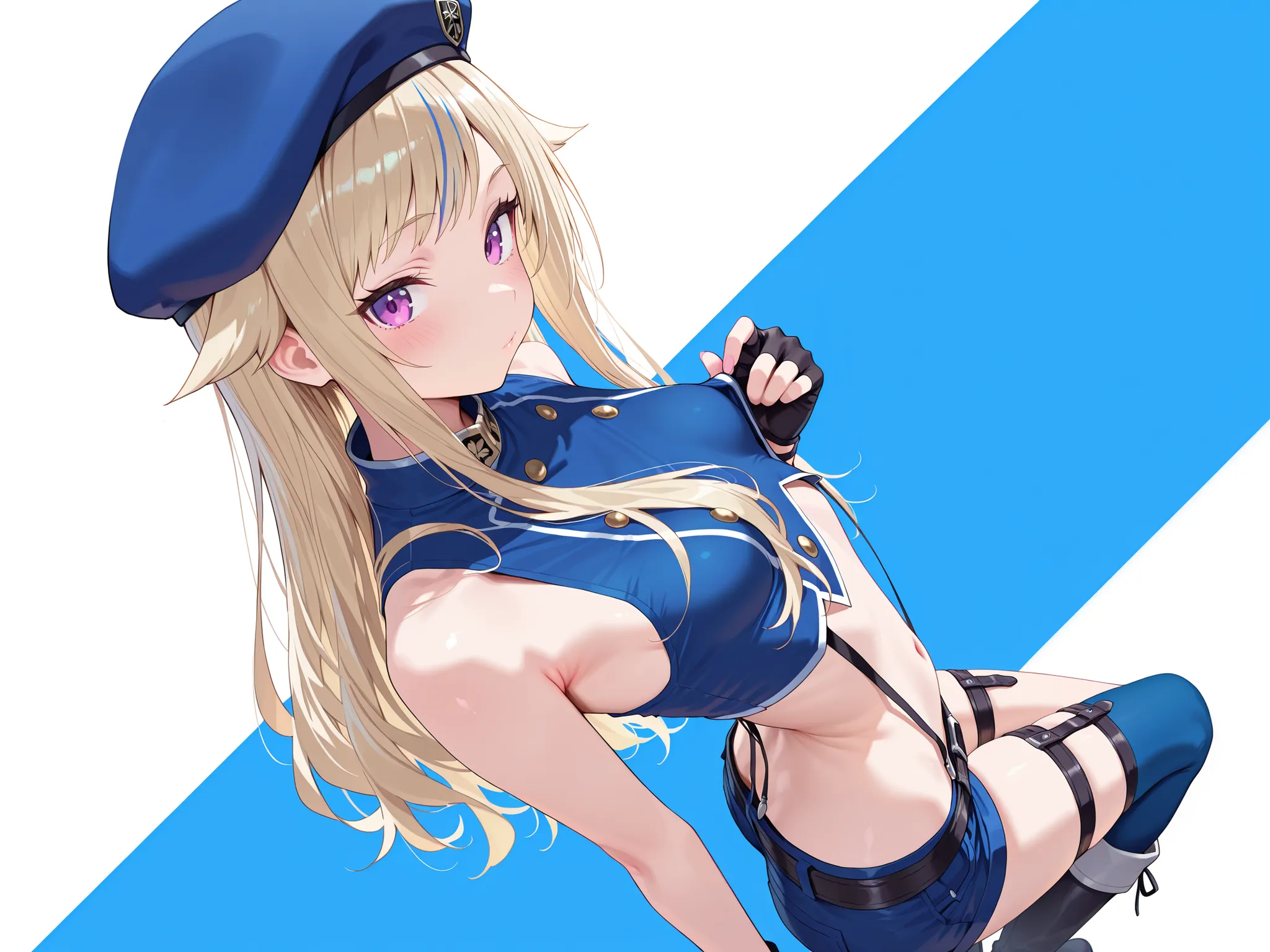 solo,masterpiece,best quality, amazing quality, highres, absurdres, very aesthetic, high resolution, ultra detailed, perfect details,suzuki hina, blonde hair, long hair, streaked hair, hair flaps, purple eyes, skinny, small breasts, hat, beret, blue thighh...