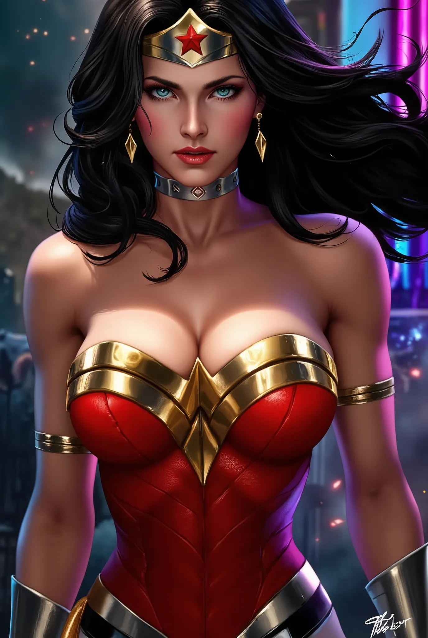wanton wonder woman, detailed portrait of a fierce female warrior, posing confidently with a determined expression, long dark hair flowing, wearing a strapless red bodysuit and golden tiara, powerful yet graceful, dramatic lighting, cinematic high-contrast...