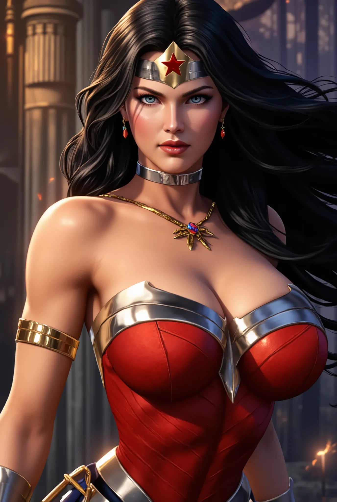 wanton wonder woman, detailed portrait of a fierce female warrior, posing confidently with a determined expression, long dark hair flowing, wearing a strapless red bodysuit and golden tiara, powerful yet graceful, dramatic lighting, cinematic high-contrast...